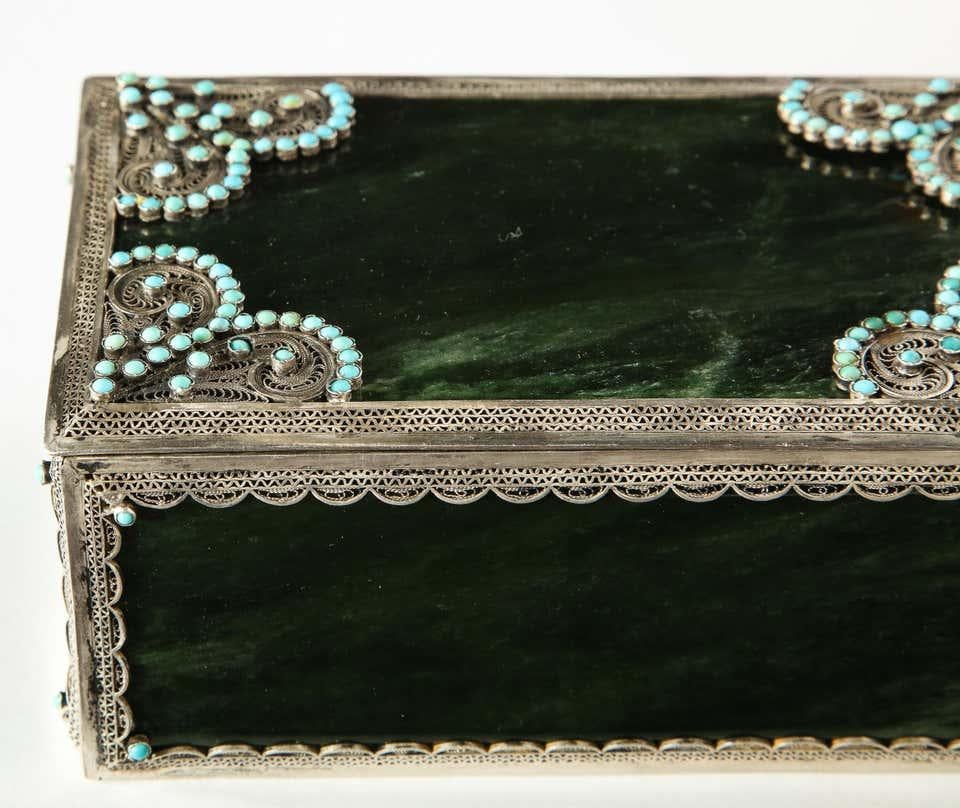 Women's or Men's Filigree Sterling Silver-Mounted Nephrite and Turquoise Rectangular Table Box