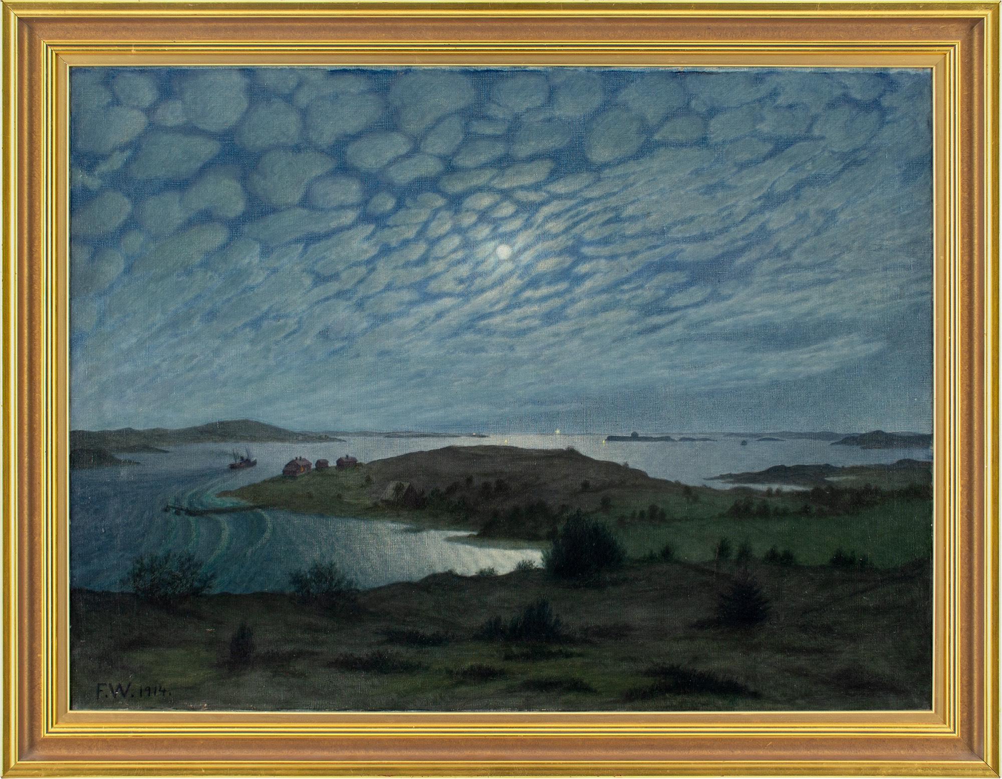 This beautiful early 20th-century oil painting by Swedish artist Filip Artur Wahlström (1885-1972) depicts a dramatic moonlit sky over Älvsborg Fortress in Gothenburg district.

Wahlström was an accomplished painter of landscapes, rural villages,