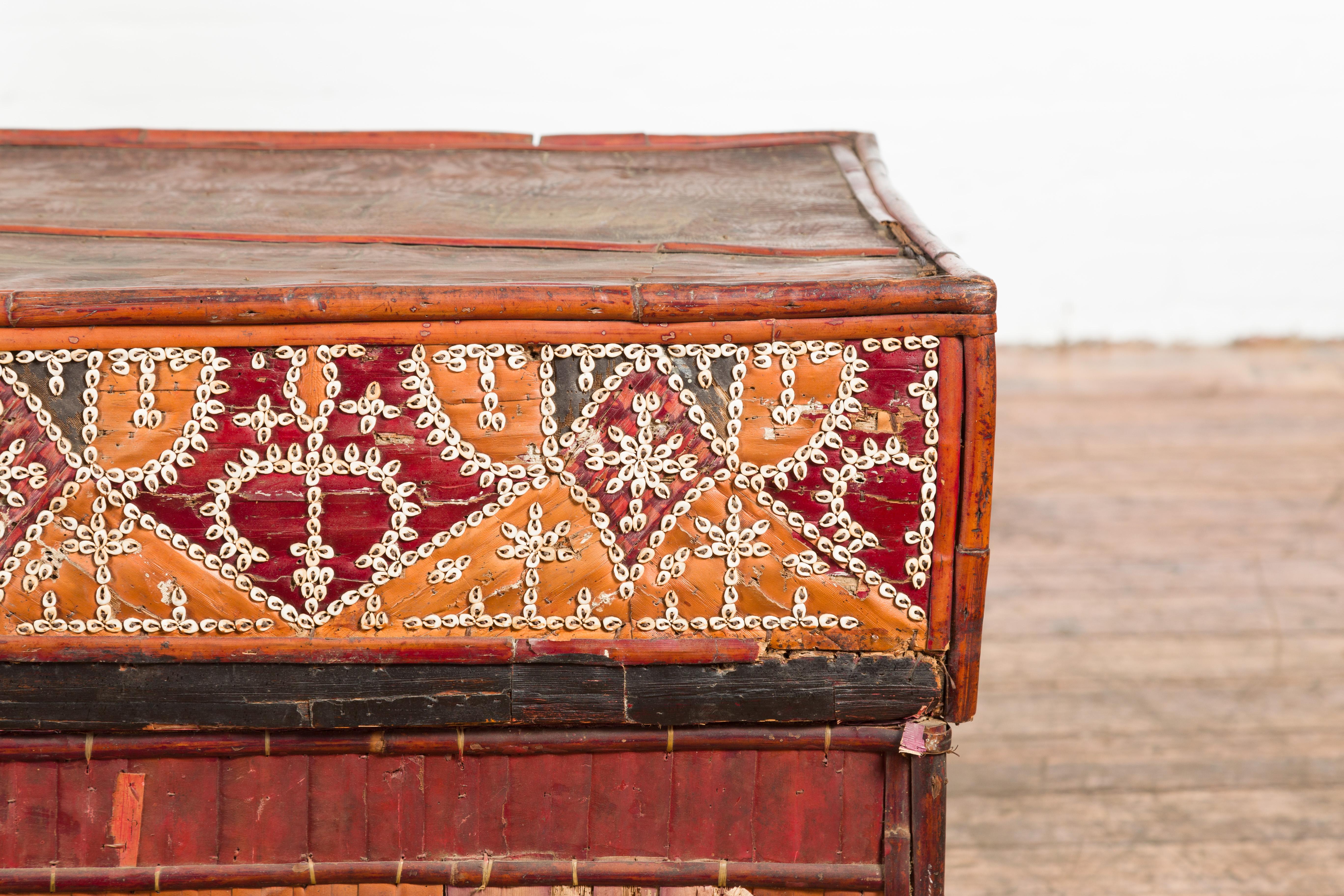Philippine Filipino Tobacco Leaf Grain Basket with Polychrome Décor and Shell Motifs