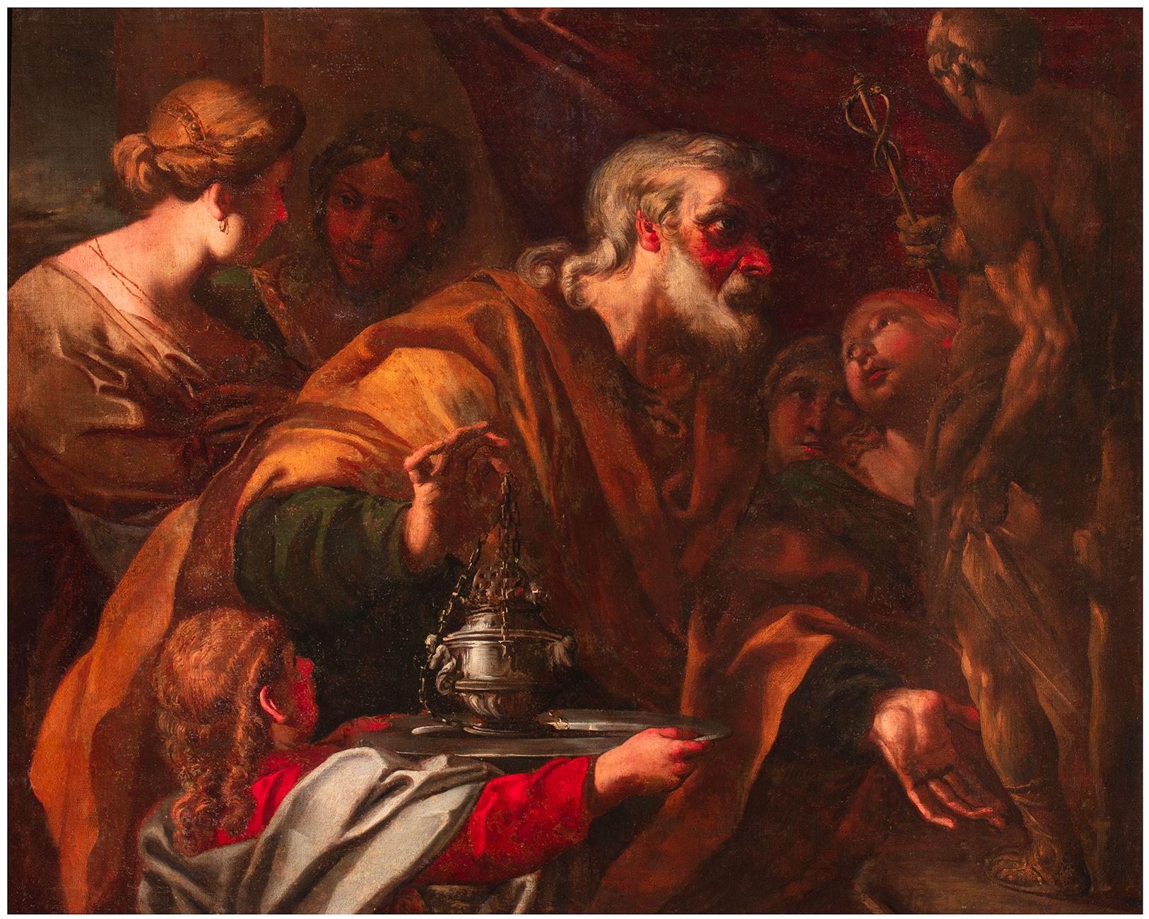 Filippo Abbiati (Milan, Italy, 1640 - 1715)
Title: Solomon sacrificing to idols
Medium: Oil on canvas
Dimensions: without frame 117 x 146 cm – with frame 131 x 158 cm
Antique cassetta frame made of gilded, carved, sculpted wood and lacquered