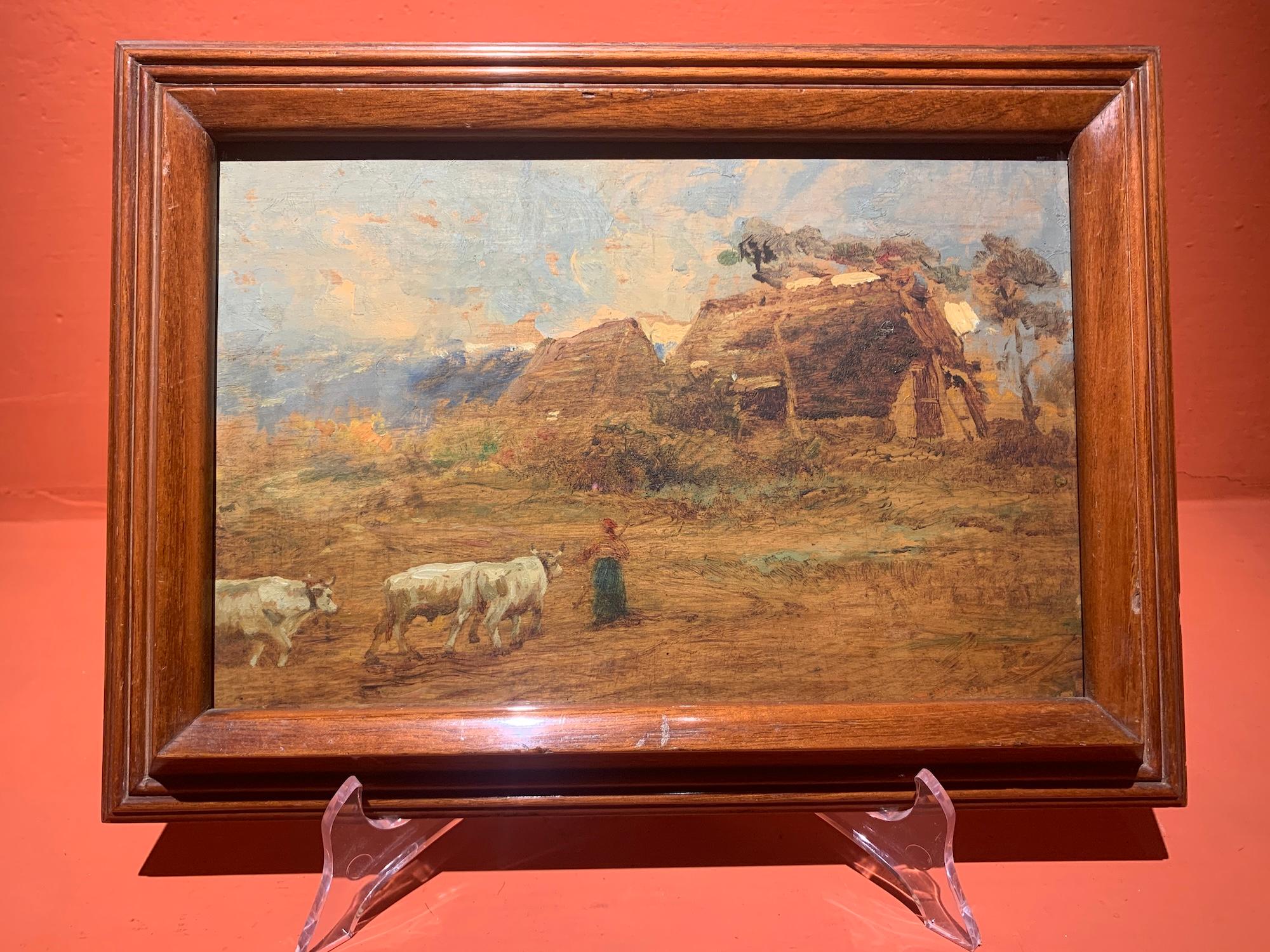 Dipinto figurativo paesaggio animali realista naturalista Milano del XIX secolo