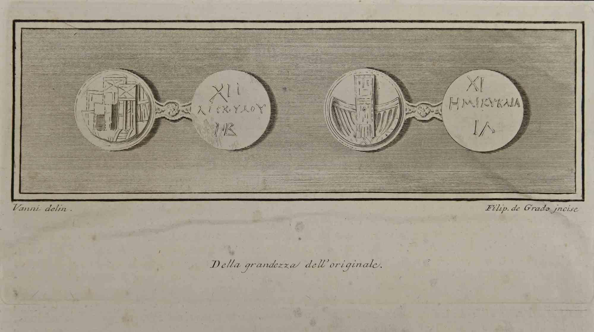 Anciennes monnaies grecques de la série "Antiquités d'Herculanum" est une gravure sur papier réalisée par Filippo De Grado au 18ème siècle.

Bonnes conditions.

Signé en bas.

La gravure appartient à la suite d'estampes "Antiquités d'Herculanum