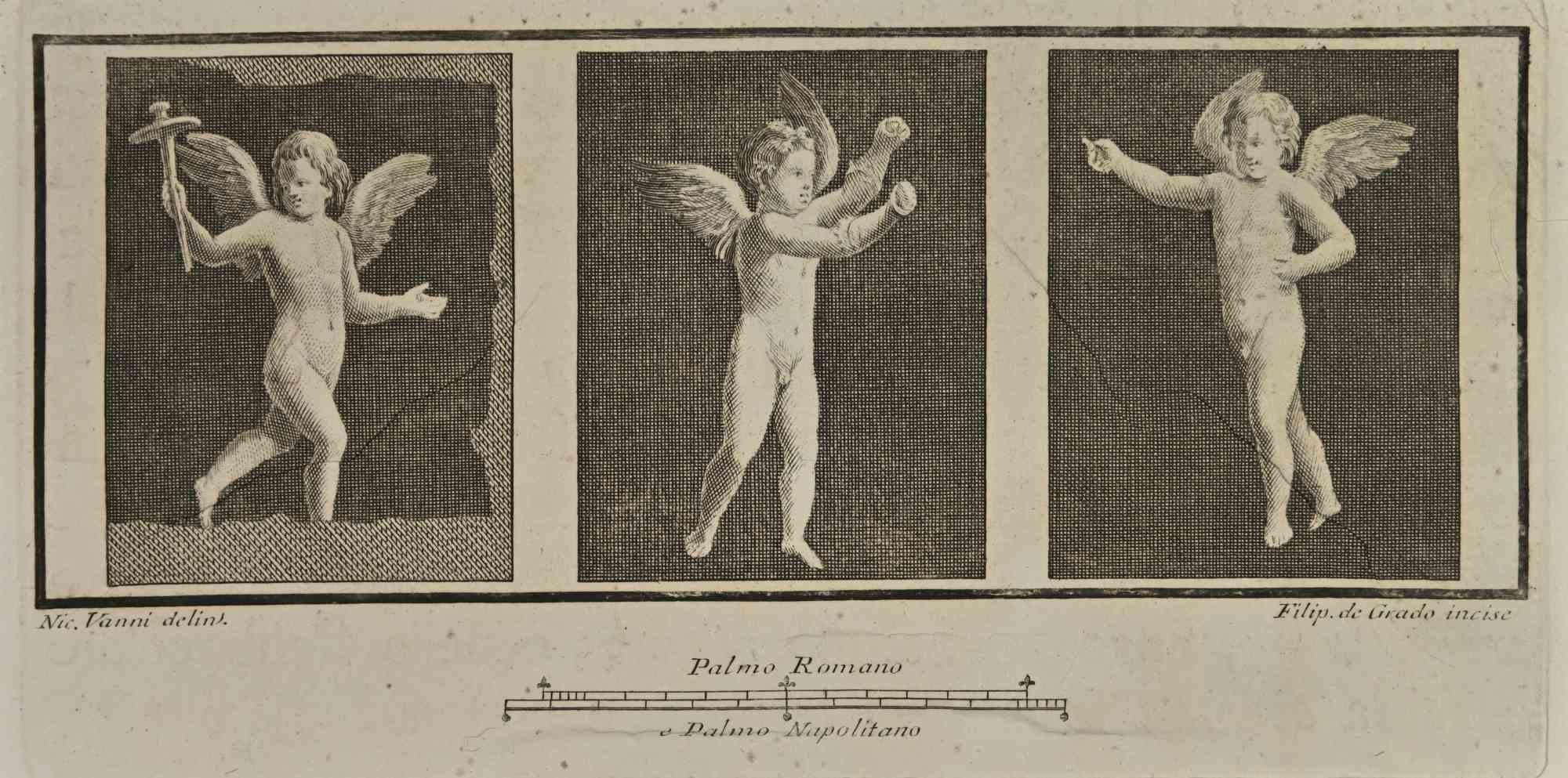 Cupido In Pompeian Fresco from "Antiquities of Herculaneum" ist eine Radierung auf Papier, die von Filippo De Grado im 18.

Signiert auf der Platte.

Guter Zustand mit einigen Faltungen.

Die Radierung gehört zu der Druckserie "Antiquities of