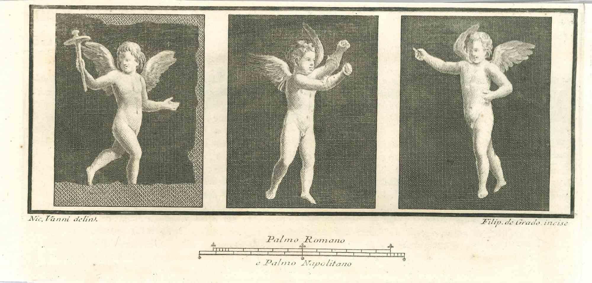 Cupidons de la série "Antiquités d'Herculanum", est une gravure originale sur papier réalisée par Filippo de Grado au 18ème siècle.

Signé sur la plaque.

Bon état avec quelques pliures.

La gravure appartient à la suite d'estampes "Antiquités