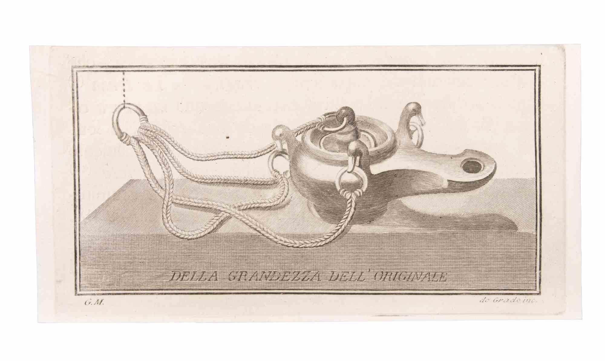 Oil Lamp to Hang is an Etching realized by  Filippo de Grado (1705-1780).

The etching belongs to the print suite “Antiquities of Herculaneum Exposed” (original title: “Le Antichità di Ercolano Esposte”), an eight-volume volume of engravings of the
