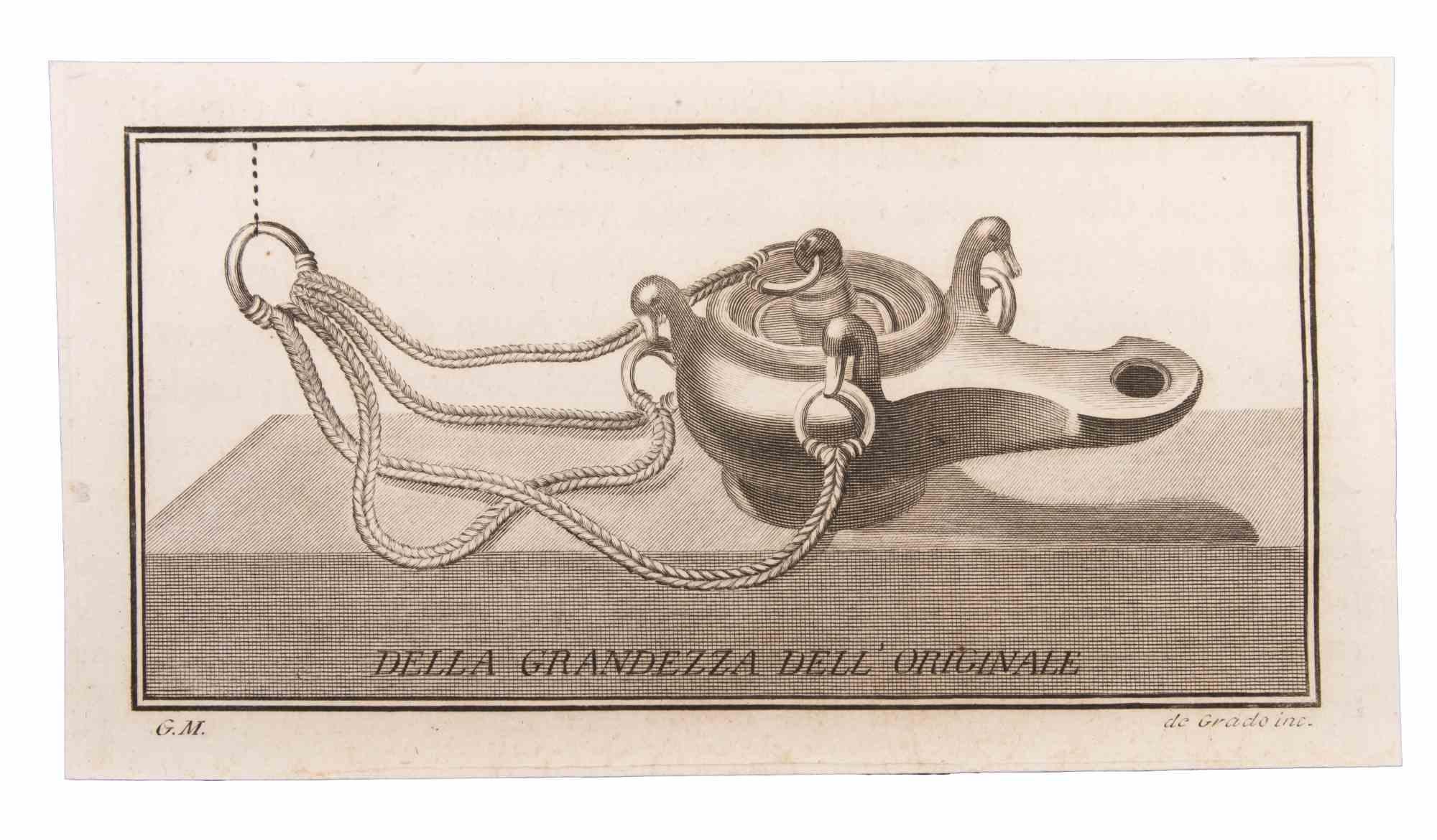 Lampe à huile à suspendre est une gravure réalisée par  Filippo de Grado (1705-1780).

La gravure appartient à la suite d'estampes "Antiquités d'Herculanum exposées" (titre original : "Le Antichità di Ercolano Esposte"), un volume de huit gravures