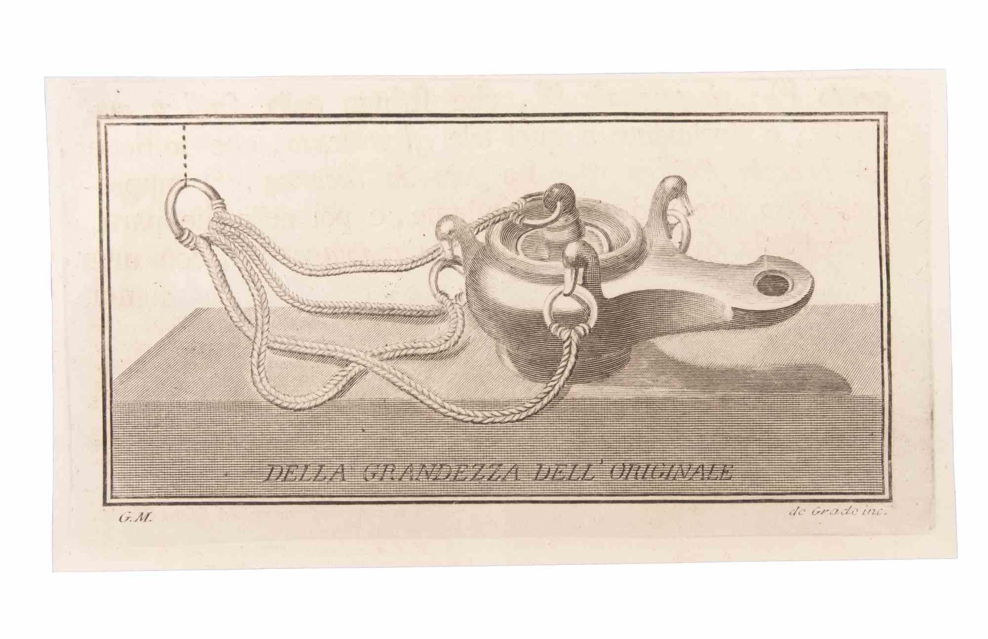 Oil Lamp to Hang is an Etching realized by  Filippo de Grado (1705-1780).

The etching belongs to the print suite “Antiquities of Herculaneum Exposed” (original title: “Le Antichità di Ercolano Esposte”), an eight-volume volume of engravings of the