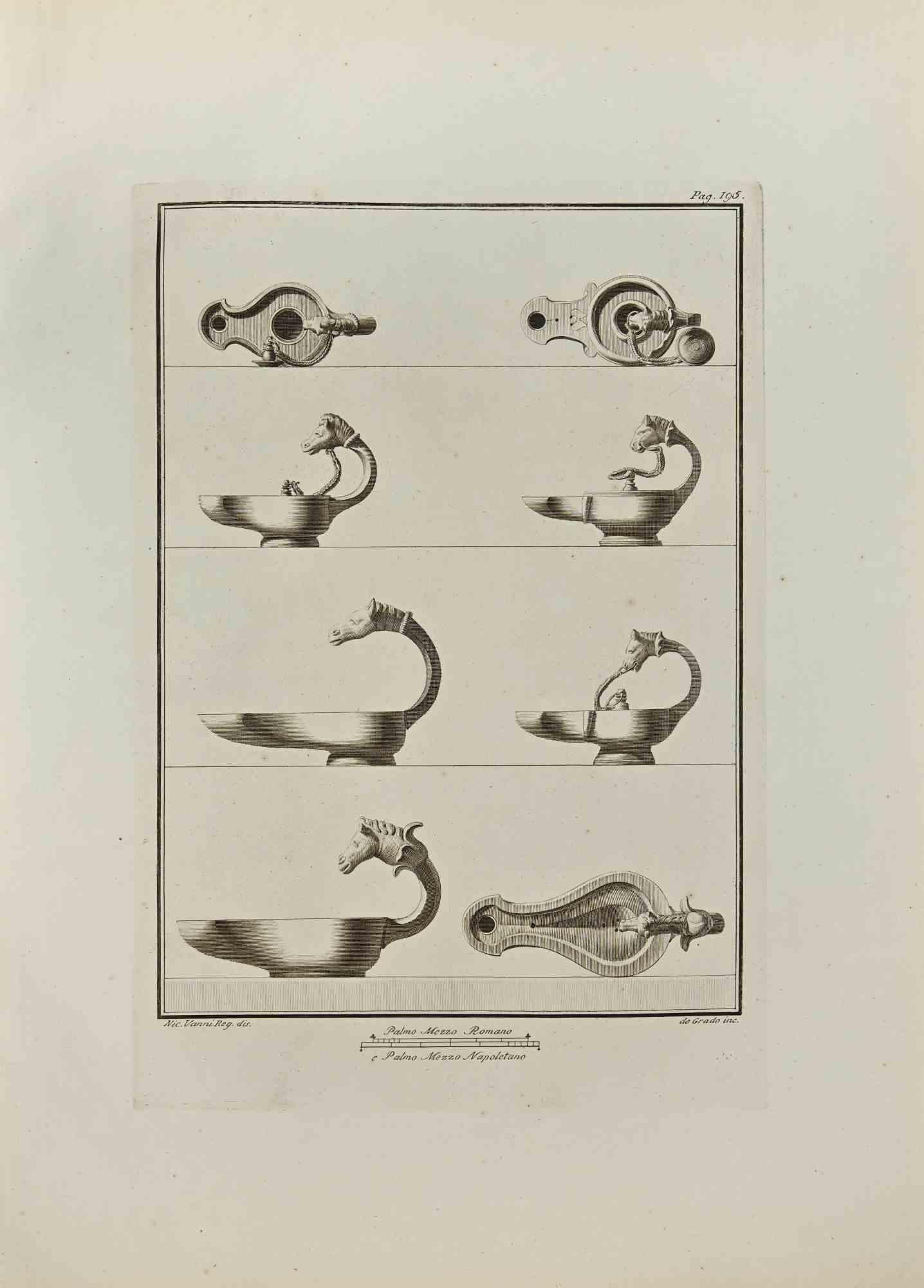 Öllampe mit Tierköpfen aus den "Altertümern von Herculaneum" ist eine Radierung auf Papier von Filippo De Grado aus dem 18. Jahrhundert.

Signiert auf der Platte.

Gute Bedingungen.

Die Radierung gehört zu der Druckserie "Antiquities of Herculaneum