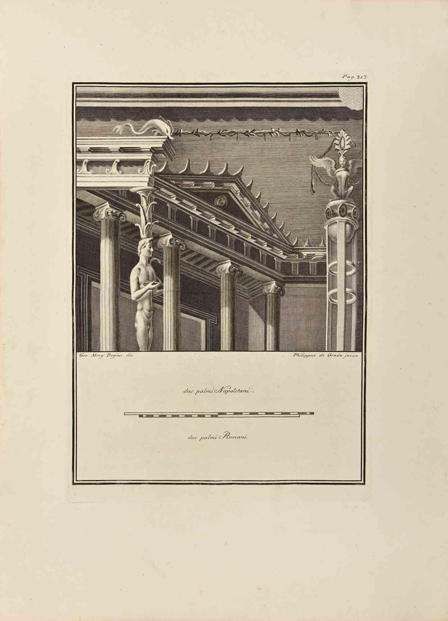 Temple avec Sphinx des "Antiquités d'Herculanum" est une gravure sur papier réalisée par Filippo De Grado au 18ème siècle.

Signé sur la plaque.

Bon état et vieilli avec quelques pliages.

La gravure appartient à la suite d'estampes "Antiquités