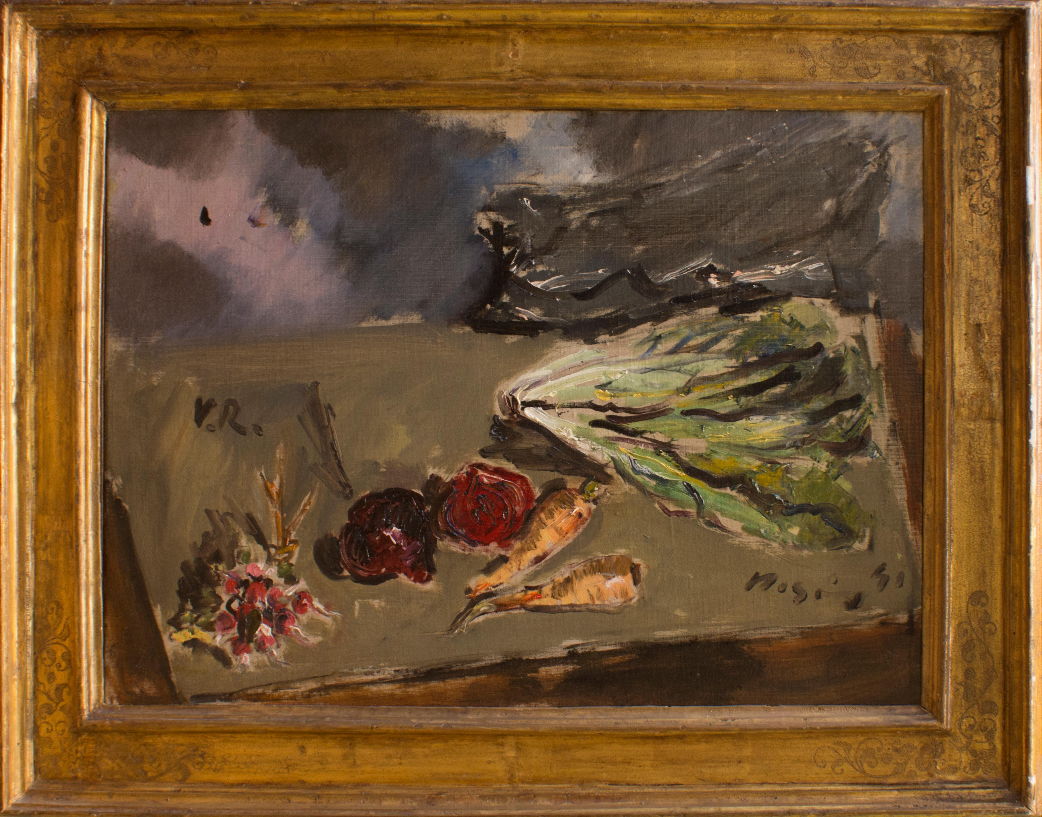 Nature morte avec salade et un faisceau de radis - Huile sur toile de F. De Pisis - 1941 - Painting de Filippo De Pisis
