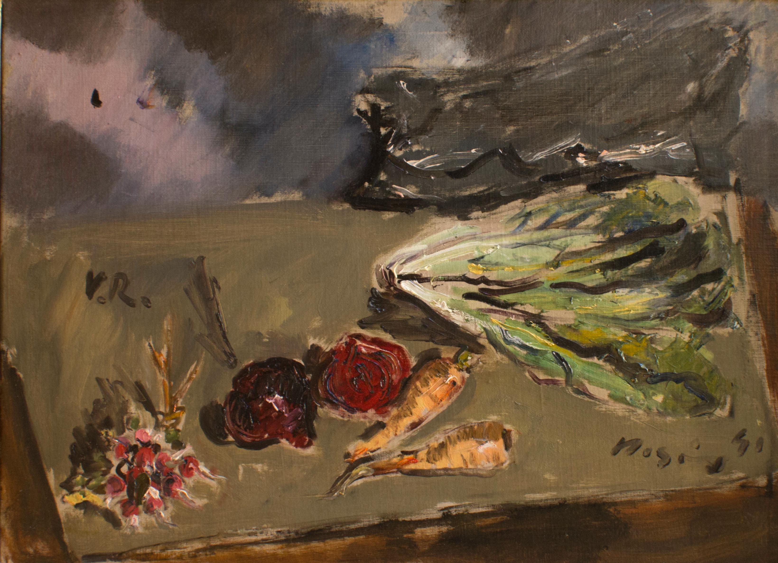 Still-Life Painting Filippo De Pisis - Nature morte avec salade et un faisceau de radis - Huile sur toile de F. De Pisis - 1941