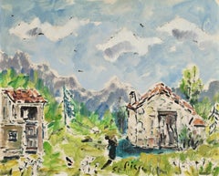 The Italian Alps - Post Impressionist Figure in Landscape Oil - Filippo De Pisis