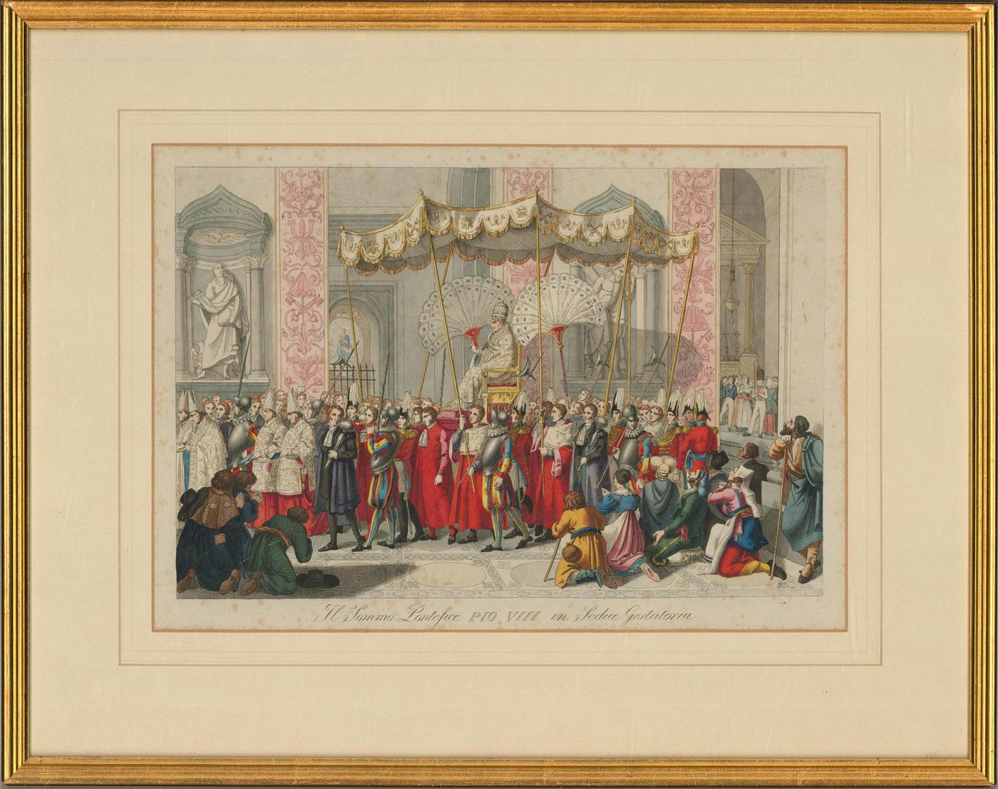 A hand coloured copperplate engraving by Filippo Ferrari (1819-1897), showing Pope Pius VII being carried in a gestatorial chair in procession. The artist has hand coloured in a vibrant palette. This accomplished engraving is full of rich