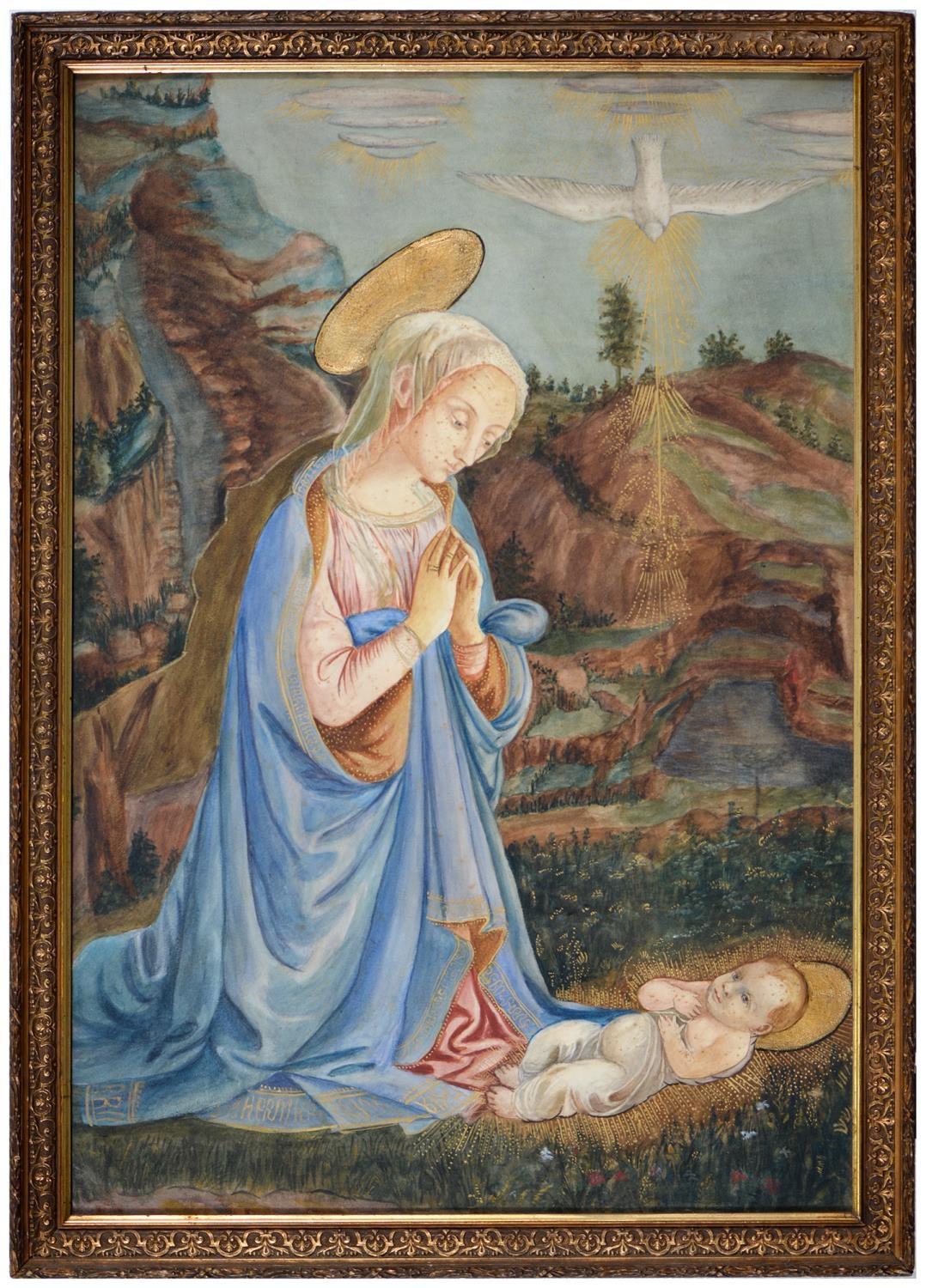 La Adoración Del Niño Jesús Pintura Renacentista Antigua Grande - Painting de Filippo Lippi