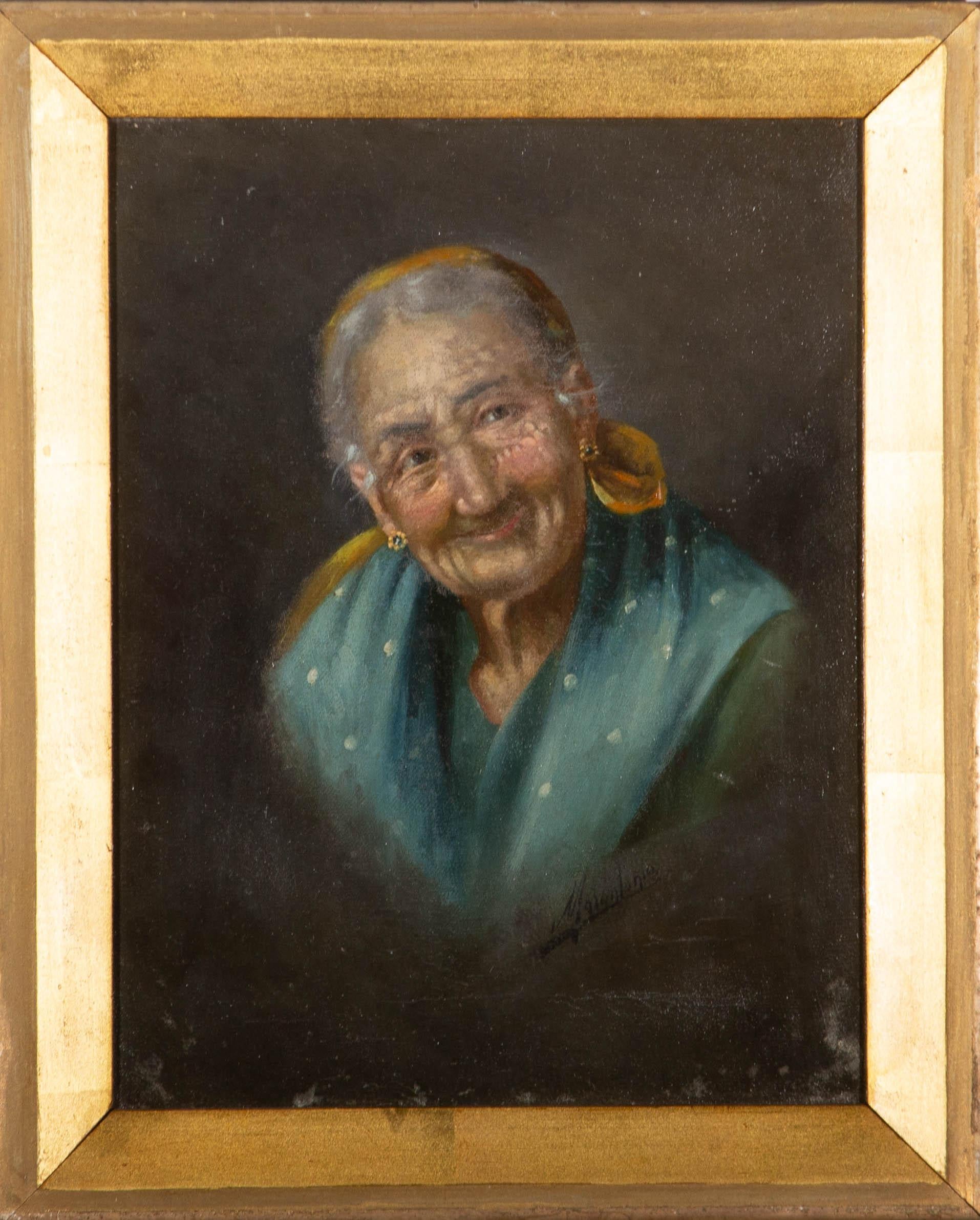 A portrait of a kind Italian nonna wearing a yellow headband and blue shawl. Presented in a distressed gilt-effect slip. Signed to the lower-right corner. On canvas laid to board.
