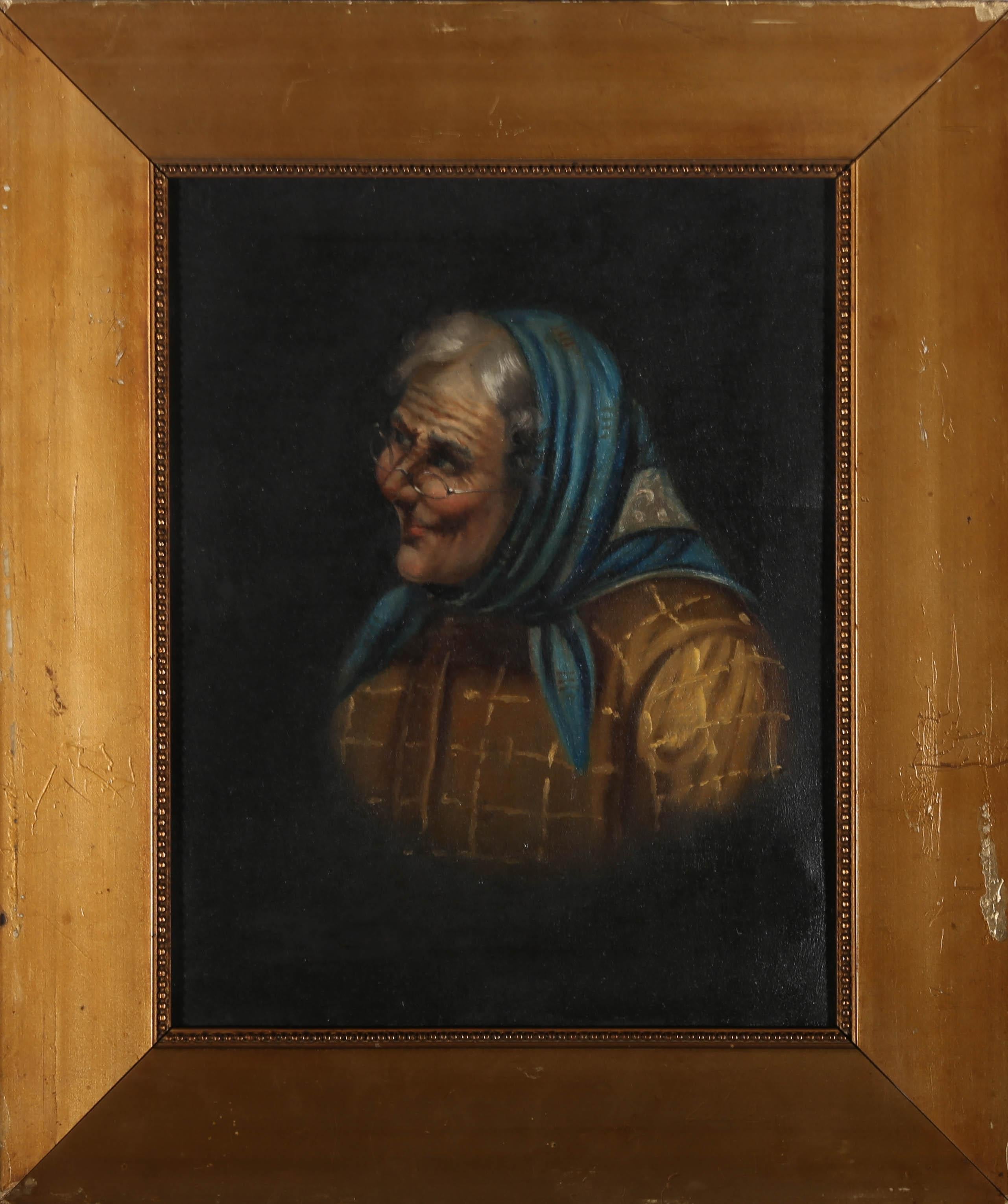 A delightful 20th Century Italian school portrait depicting a older lady dressed in a chequered mustard coat and blue head scarf. Well presented in a simple gilt frame. On canvas on stretchers.