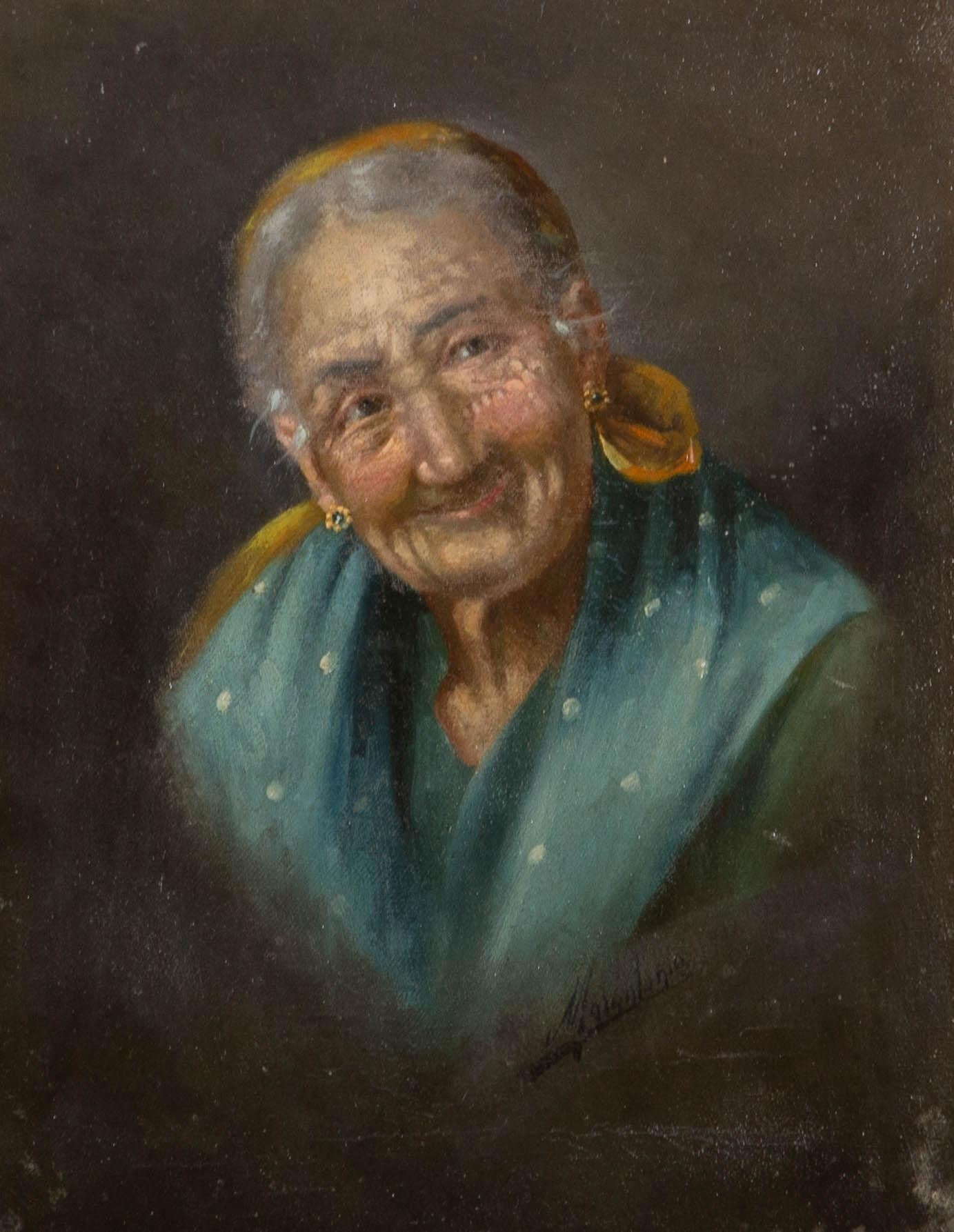 A portrait of a kind Italian nonna wearing a yellow headband and blue shawl. Presented in a distressed gilt-effect slip. Signed to the lower-right corner. On canvas laid to board.
