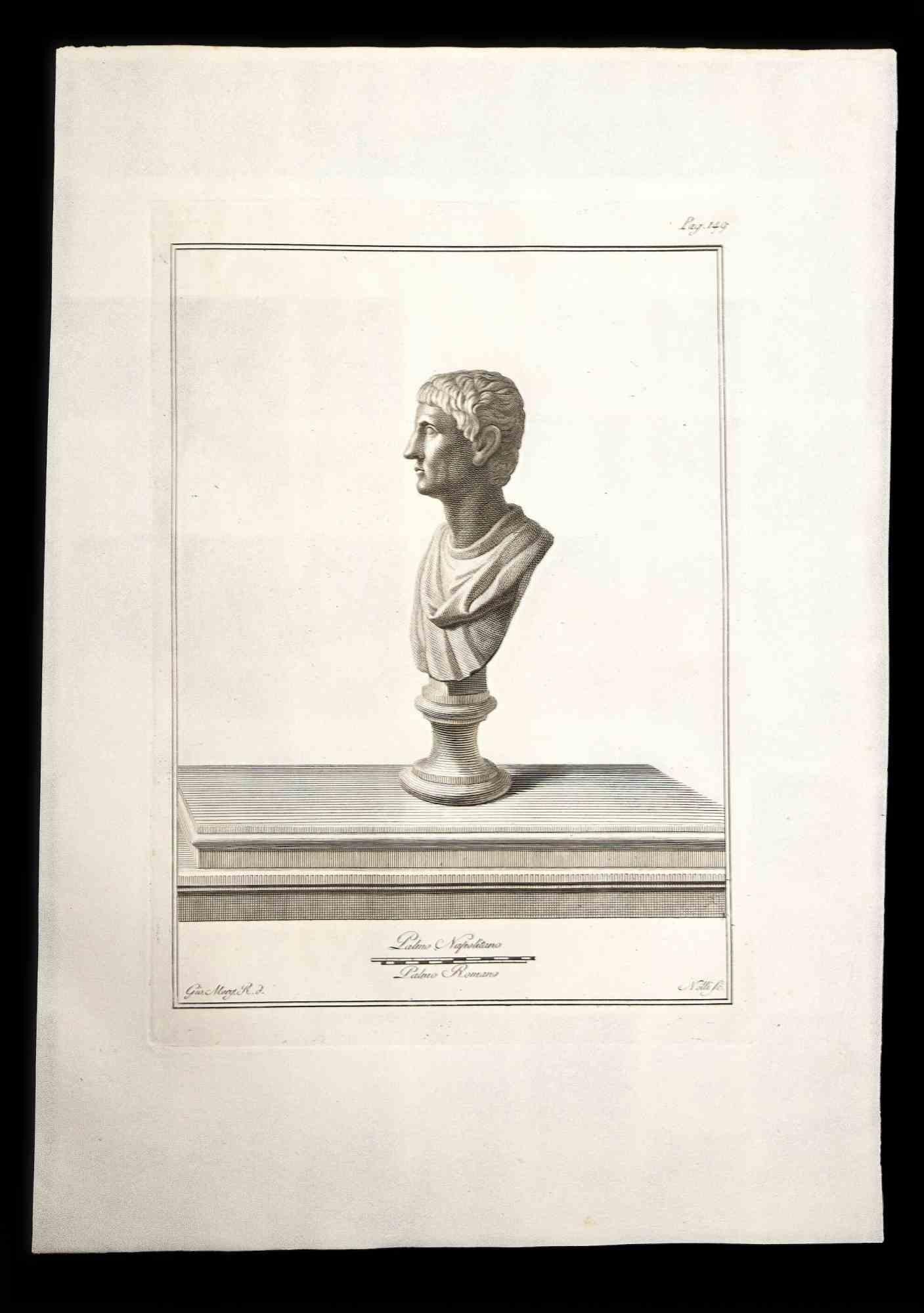 Filippo Morghen Figurative Print - Ancient Roman Bust - Original Etching by F. Morghen - 18th century