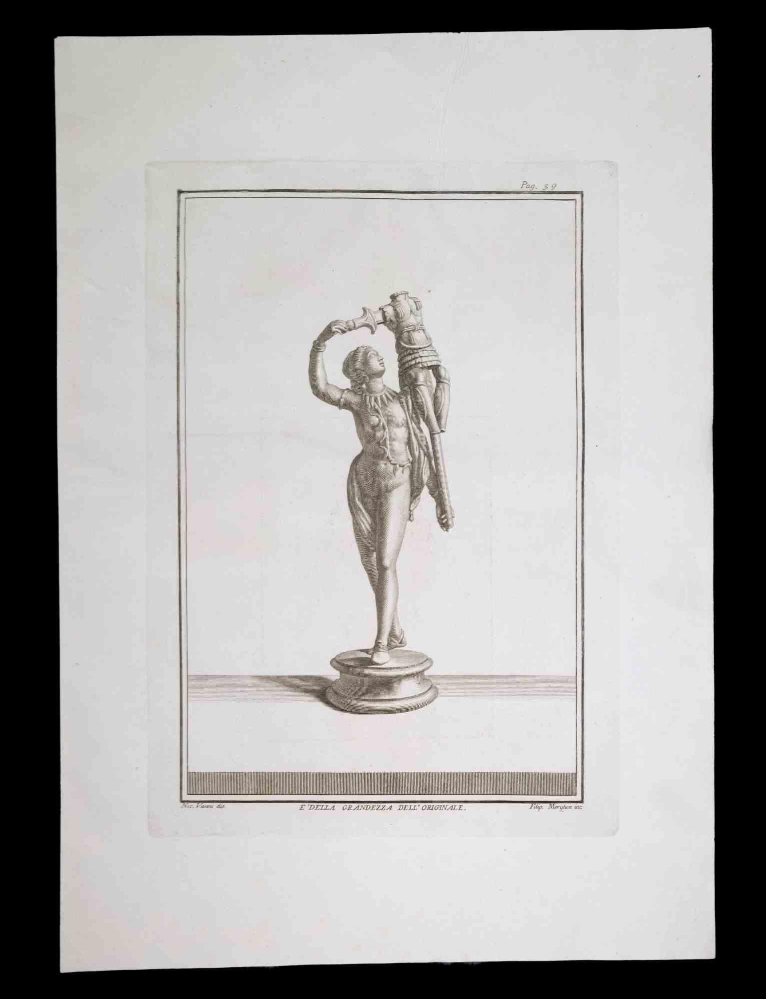 Ancient Roman Statue, from the series "Antiquities of Herculaneum", is an original etching on paper realized by Filippo Morghen in the 18th century.

Signed on the plate, on the lower right.

Good conditions.