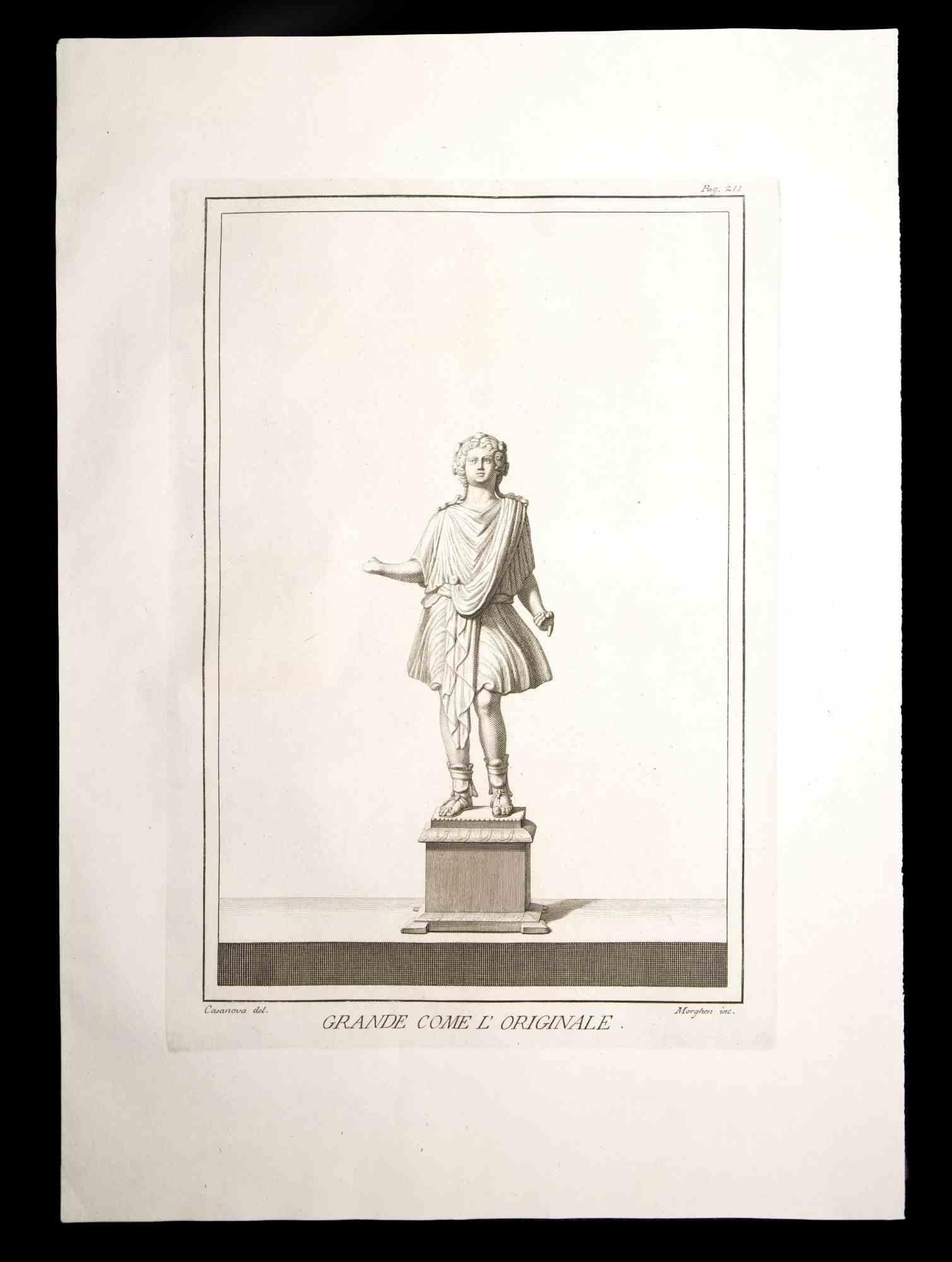 Ancient Roman Statue, from the series "Antiquities of Herculaneum", is an etching on paper realized by Morghen in the 18th century.

Signed on the plate, on the lower right.

Good conditions.

The etching belongs to the print suite “Antiquities of