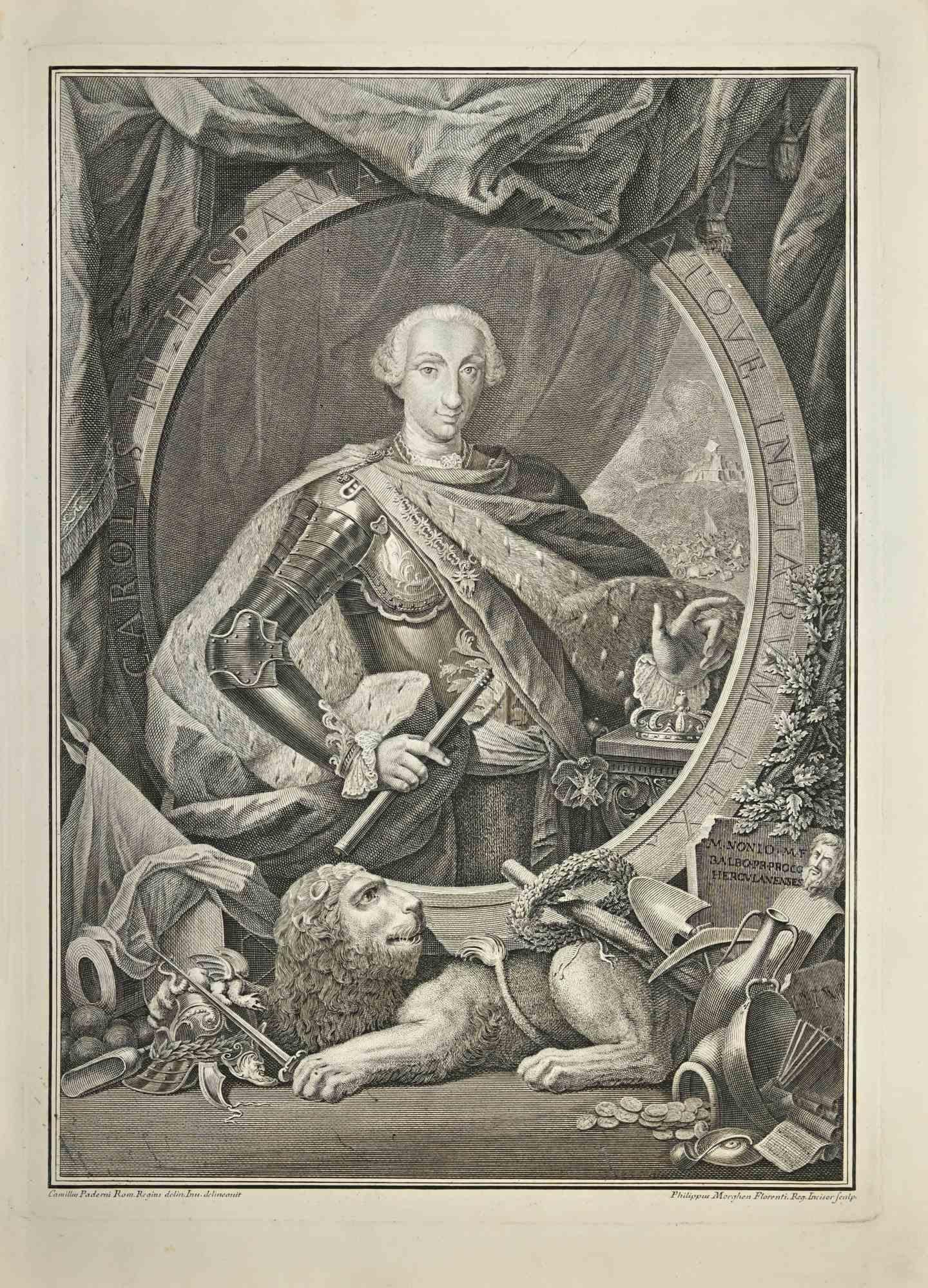 Charles III, King of Spain is an etching on paper realized by Filippo Morghen after Camillo Paderni in the 1760s.

Signed on the plate.

Good conditions and aged.
