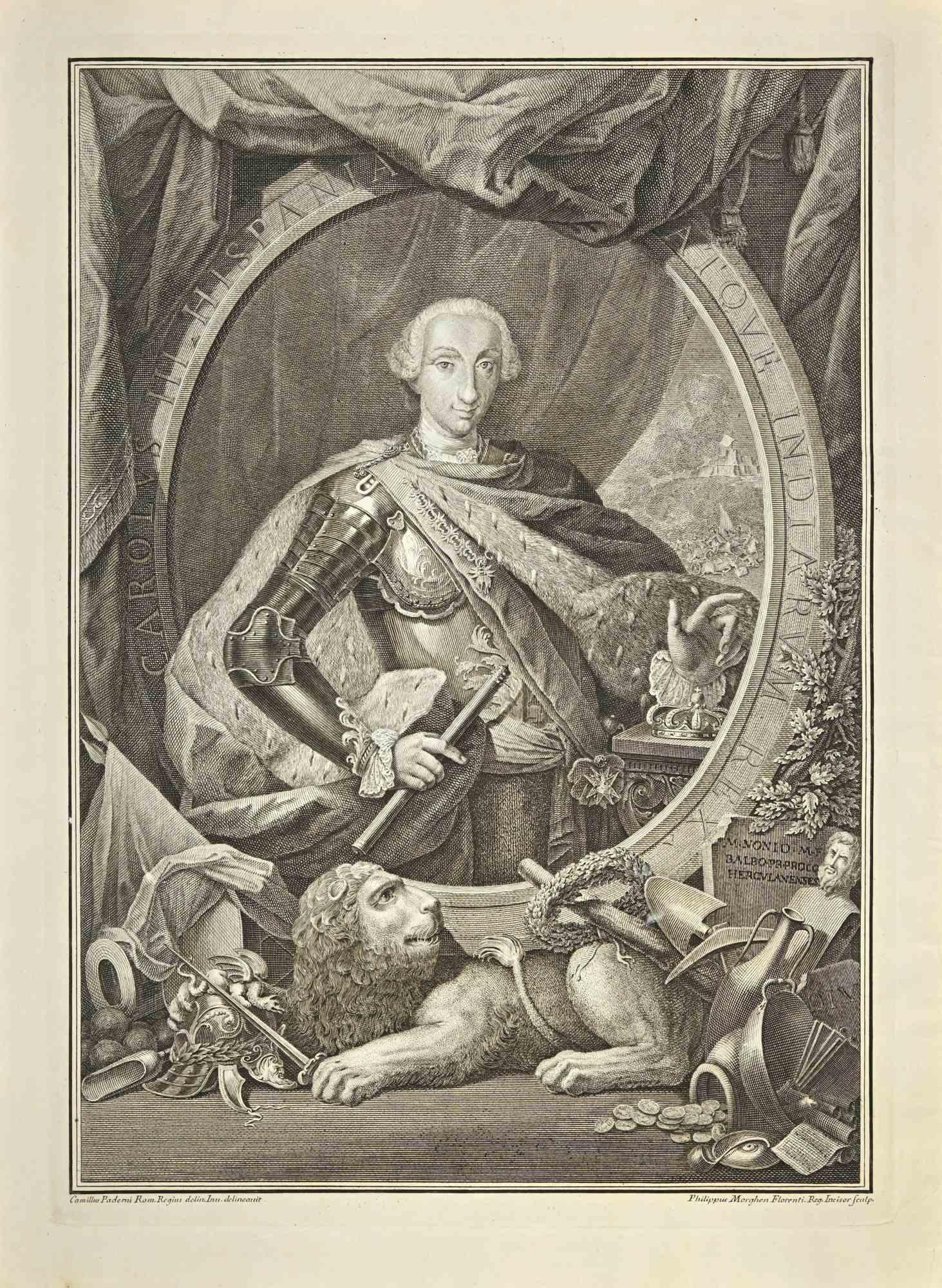 Charles III, King of Spain is an etching on paper realized by Filippo Morghen after Camillo Paderni in the 1760s.

Signed on the plate.

Good conditions and aged.