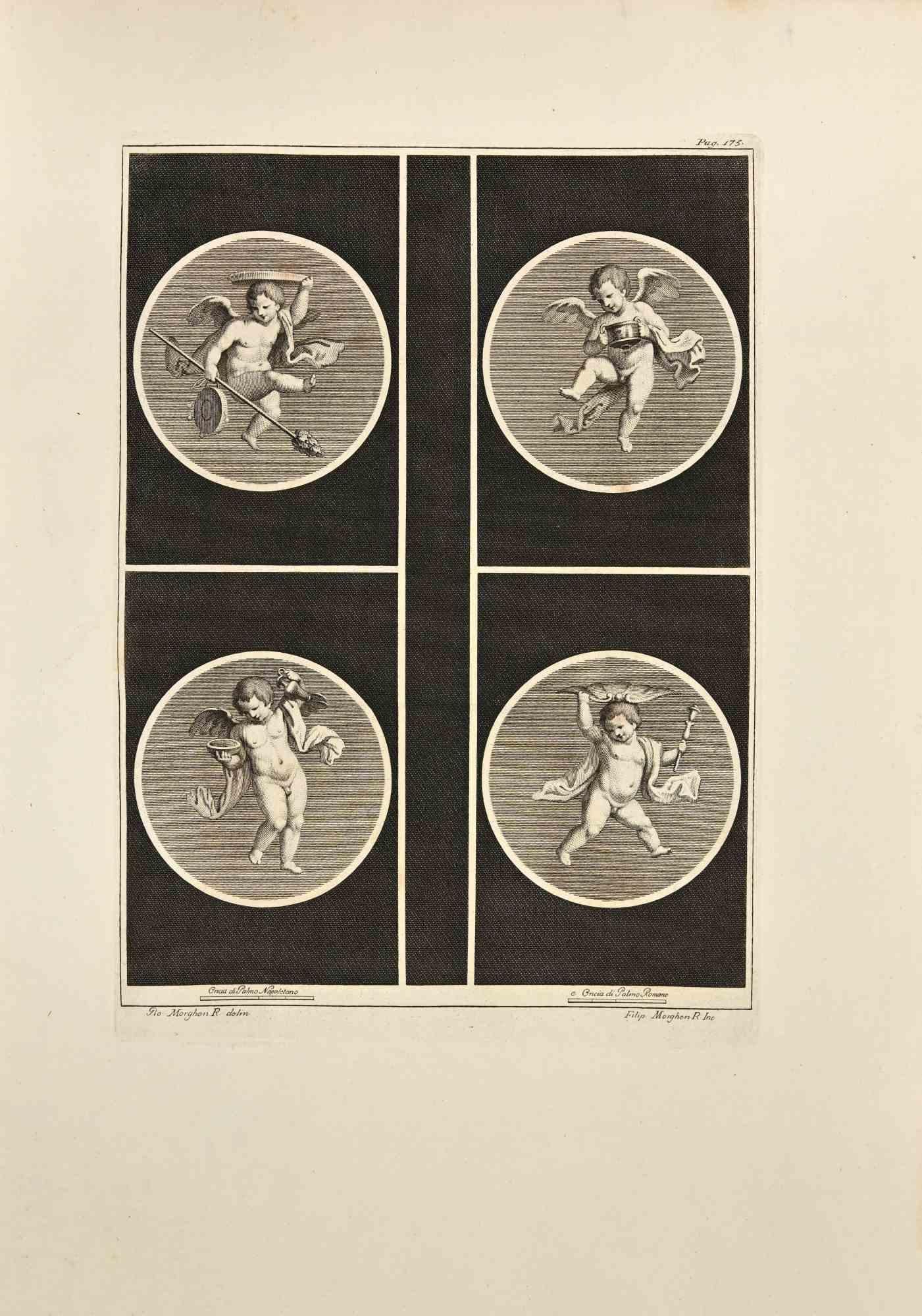 Filippo Morghen Figurative Print - Cupid in Four Seasons  - Etching by Nicola Morghen - 18th Century