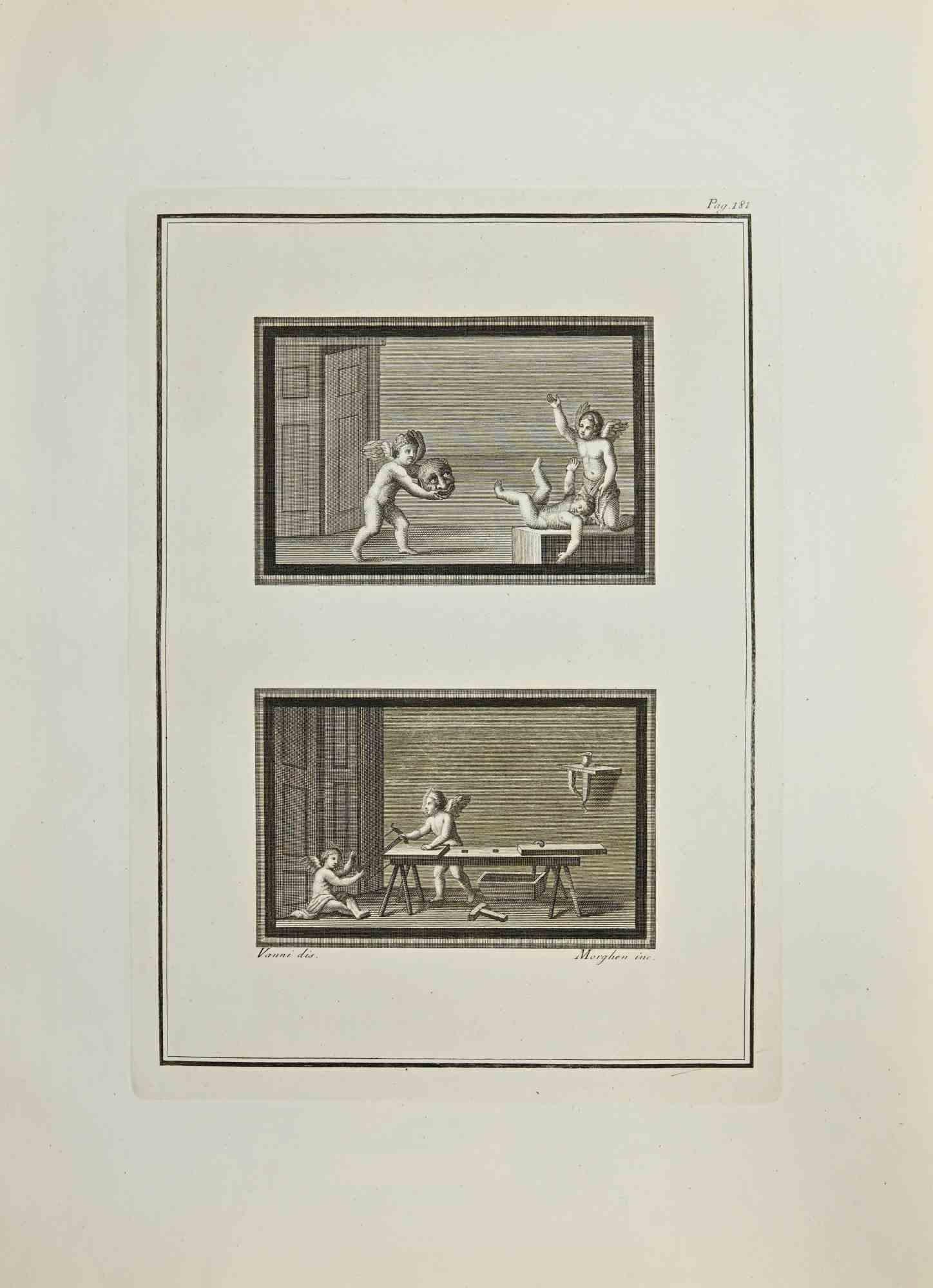 Cupids and Genii Wall Fresco from "Antiquities of Herculaneum" is an etching on paper realized by Filippo Morghen in the 18th Century.

Signed on the plate.

Good conditions with some folding.

The etching belongs to the print suite “Antiquities of