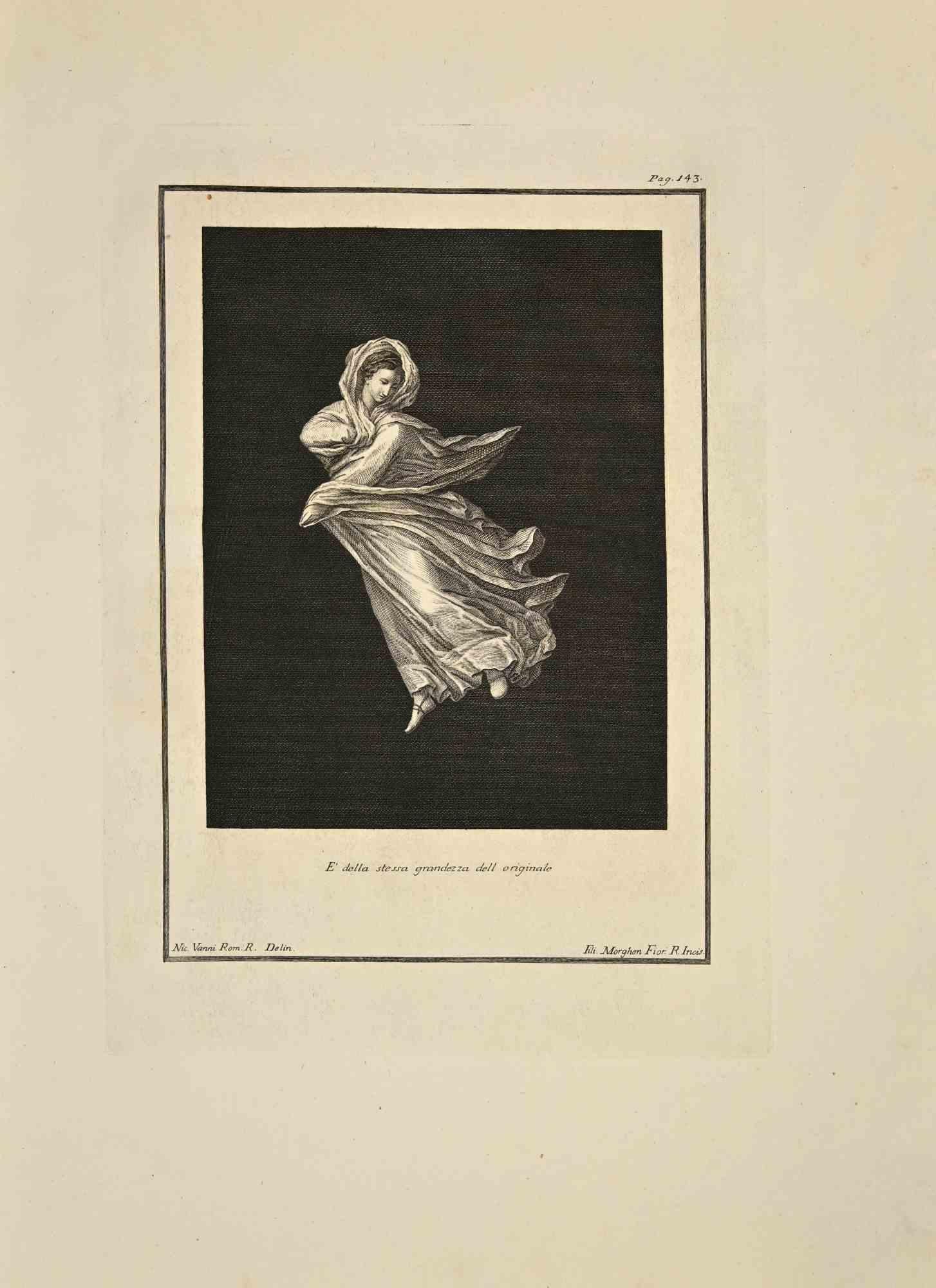 La Maenade dansante des "Antiquités d'Herculanum" est une gravure sur papier réalisée par Filippo Morghen au 18e siècle.

Signé sur la plaque.

Bon état avec quelques pliures.

La gravure appartient à la suite d'estampes "Antiquités d'Herculanum