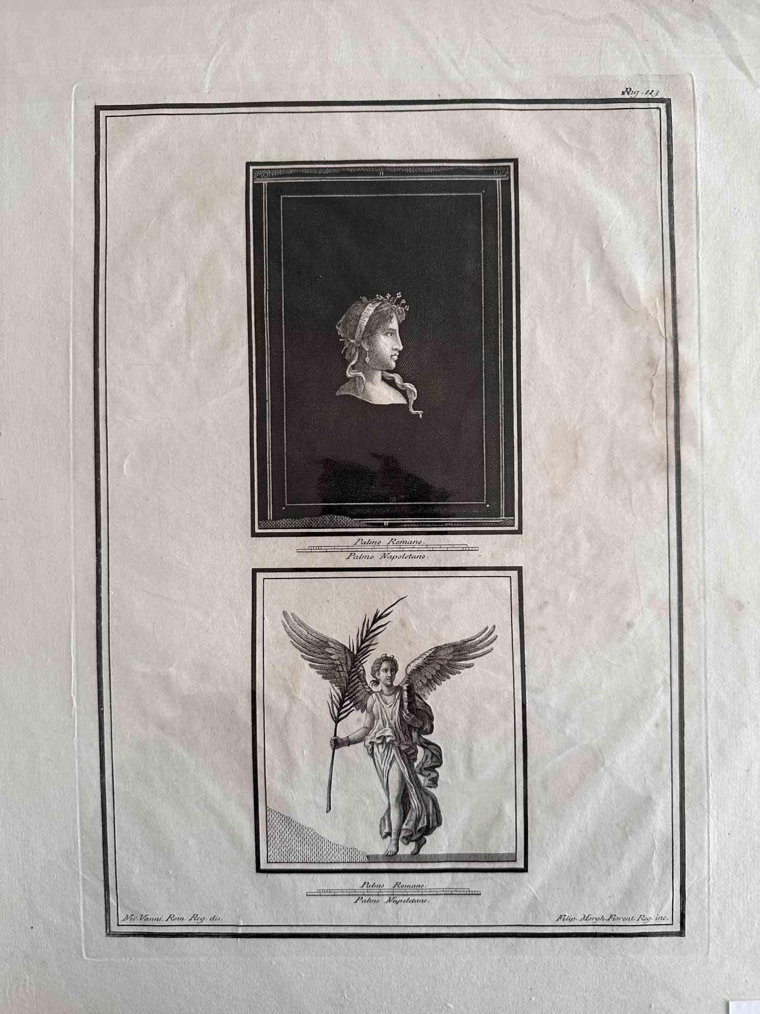 Decorative Wall Fresco from "Antiquities of Herculaneum" is an etching on paper realized by Filippo Morghen in the 1780s.

Signed on the plate.

Good conditions with slight folding on margins.

The etching belongs to the print suite “Antiquities of