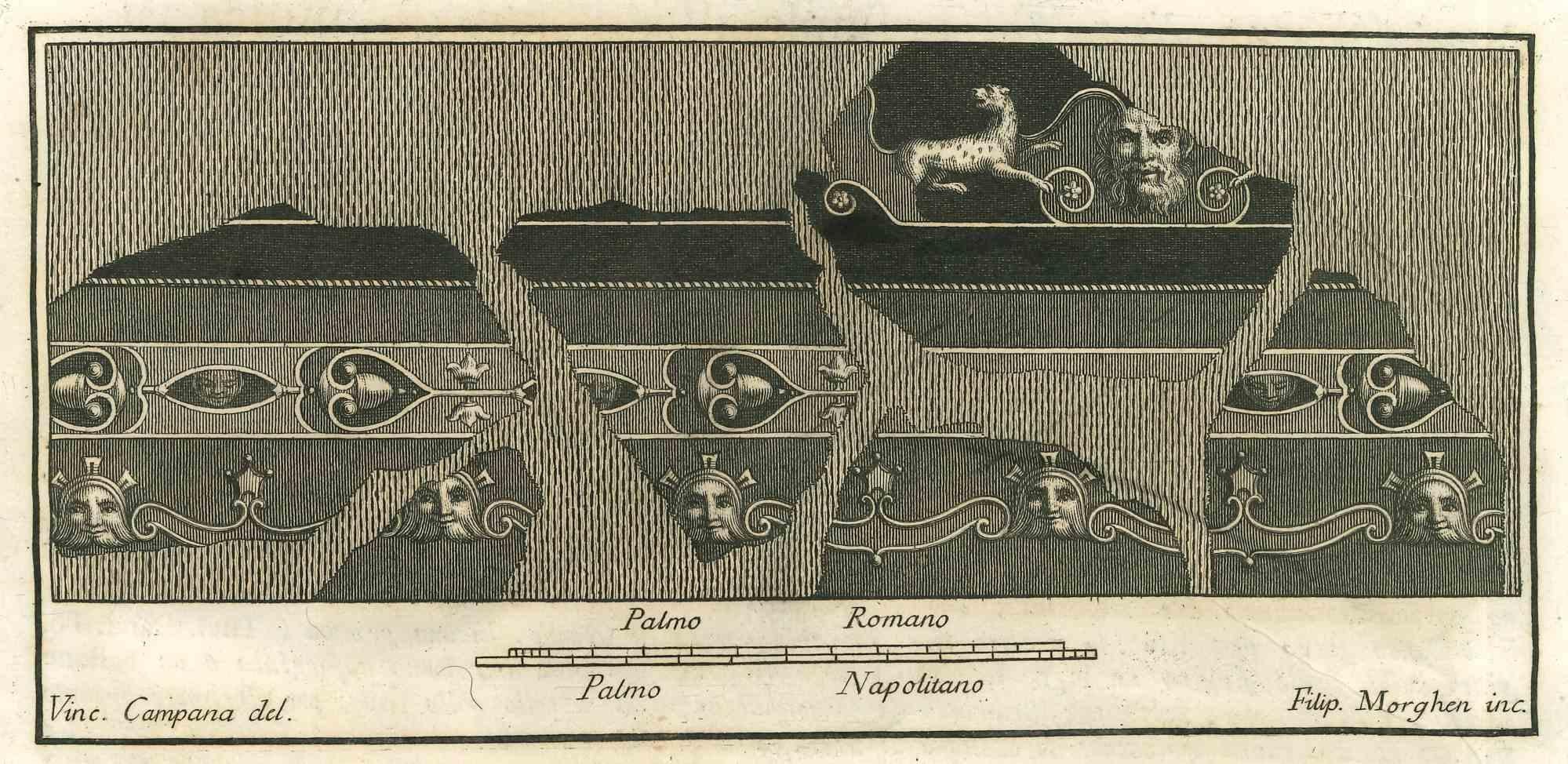 Das dekorative Wandfresko aus den "Altertümern von Herculaneum" ist eine Radierung auf Papier von Filippo Morghen aus dem 18. Jahrhundert.

Signiert auf der Platte.

Gute Bedingungen.

Die Radierung gehört zu der Druckserie "Antiquities of