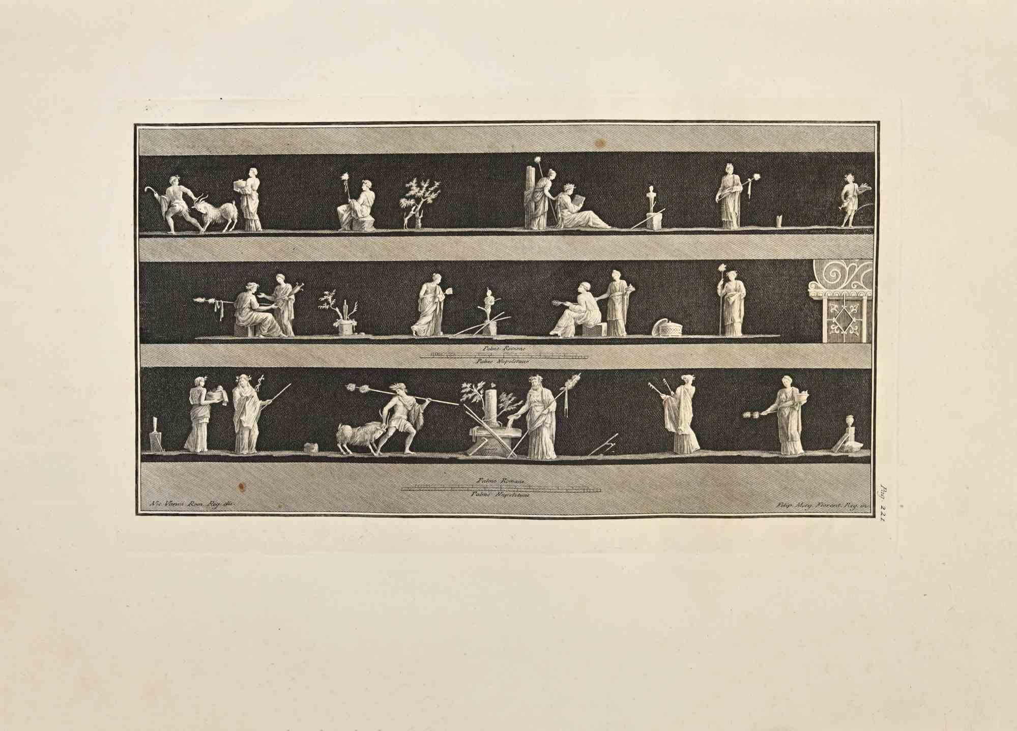 Fête de Bacchus "Bacchanalia" des "Antiquités d'Herculanum" est une gravure sur papier réalisée par Filippo Morghen au 18ème siècle.

Signé sur la plaque.

Bon état avec quelques pliures.

La gravure appartient à la suite d'estampes "Antiquités