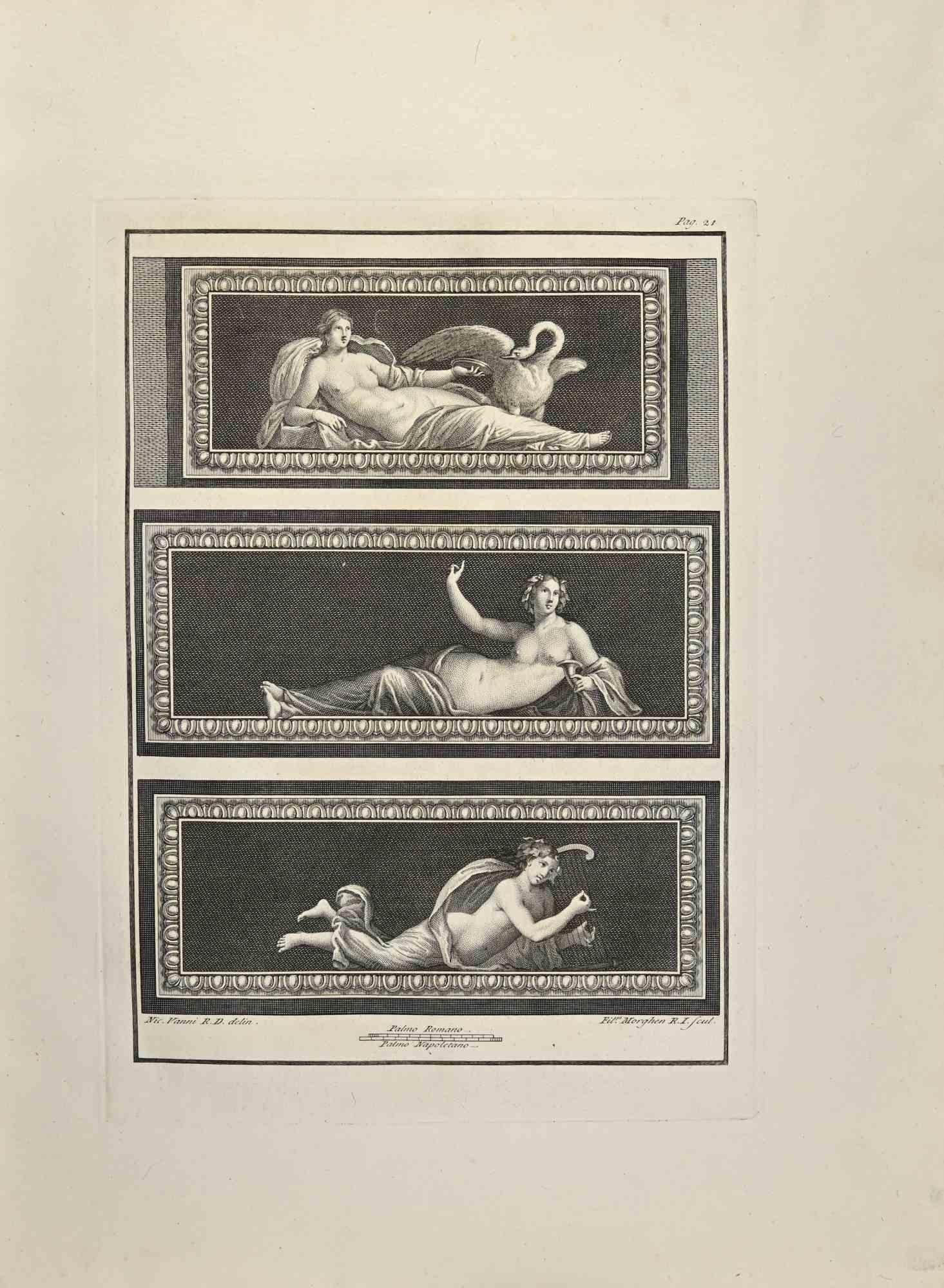 Göttinnen aus den "Altertümern von Herculaneum" ist eine Radierung auf Papier von Filippo Morghen aus dem 18. Jahrhundert.

Signiert auf der Platte.

Guter Zustand mit Stockflecken.

Die Radierung gehört zu der Druckserie "Antiquities of Herculaneum