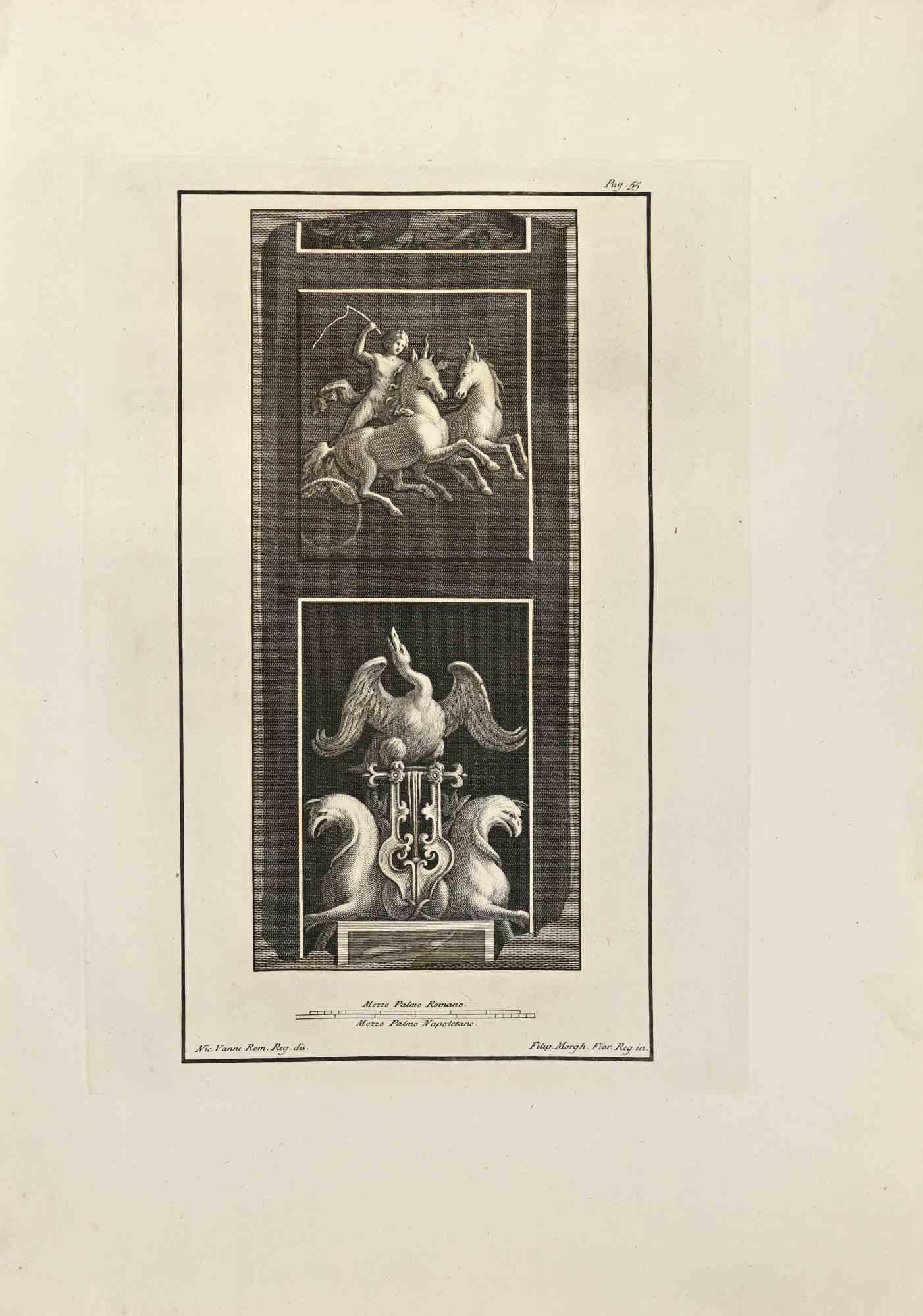 Hermes und Hippogreif aus den "Altertümern von Herculaneum"  ist eine Radierung auf Papier von Filippo Morghen aus dem 18. Jahrhundert.

Signiert auf der Platte.

Guter Zustand mit einigen Stockflecken und Falten aufgrund der Zeit.

Die Radierung