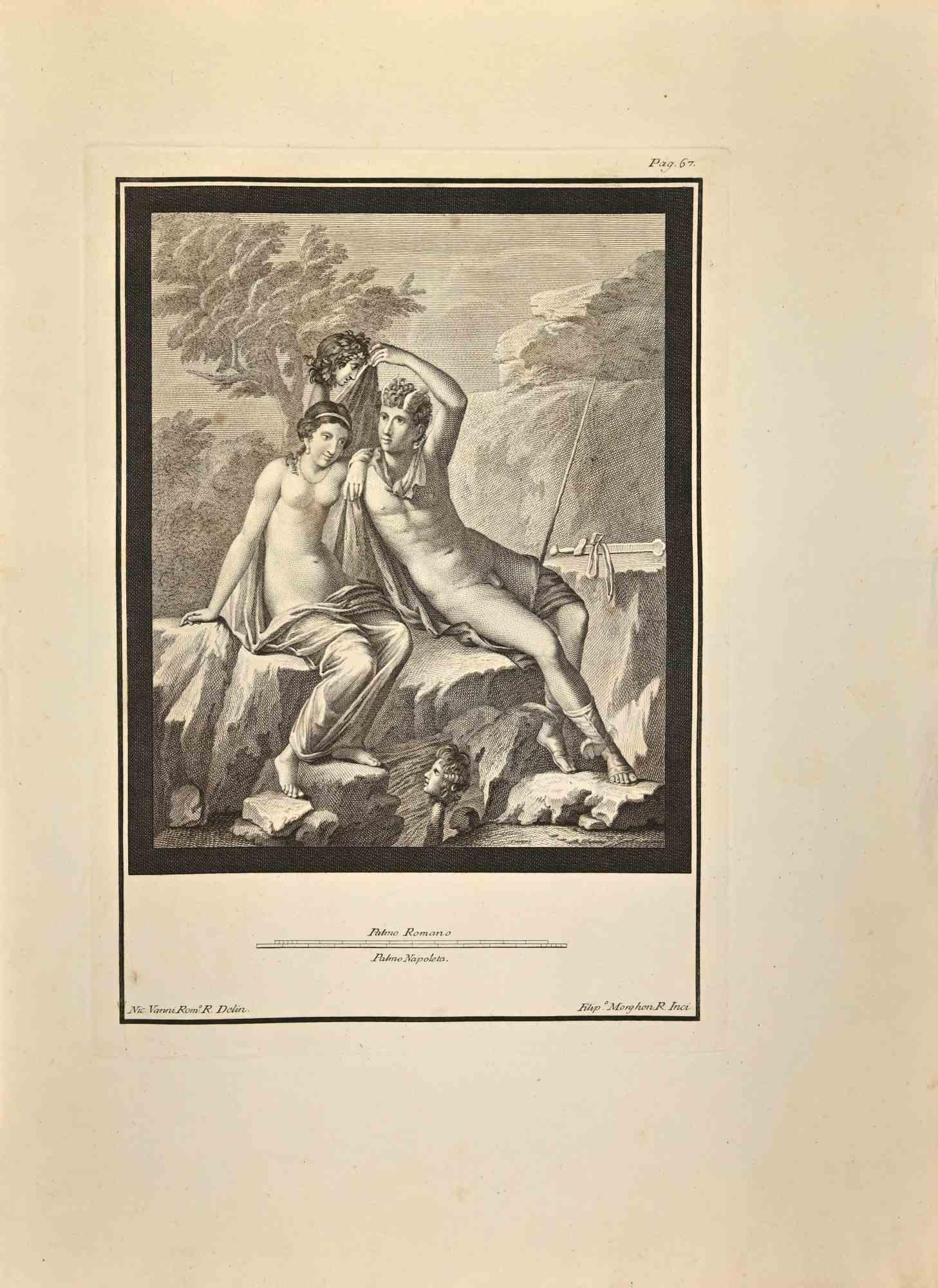 Hermès Dieu et Nymphe des "Antiquités d'Herculanum" est une gravure sur papier réalisée par Filippo Morghen au 18ème siècle.

Signé sur la plaque.

Bon état avec quelques pliures.

La gravure appartient à la suite d'estampes "Antiquités d'Herculanum