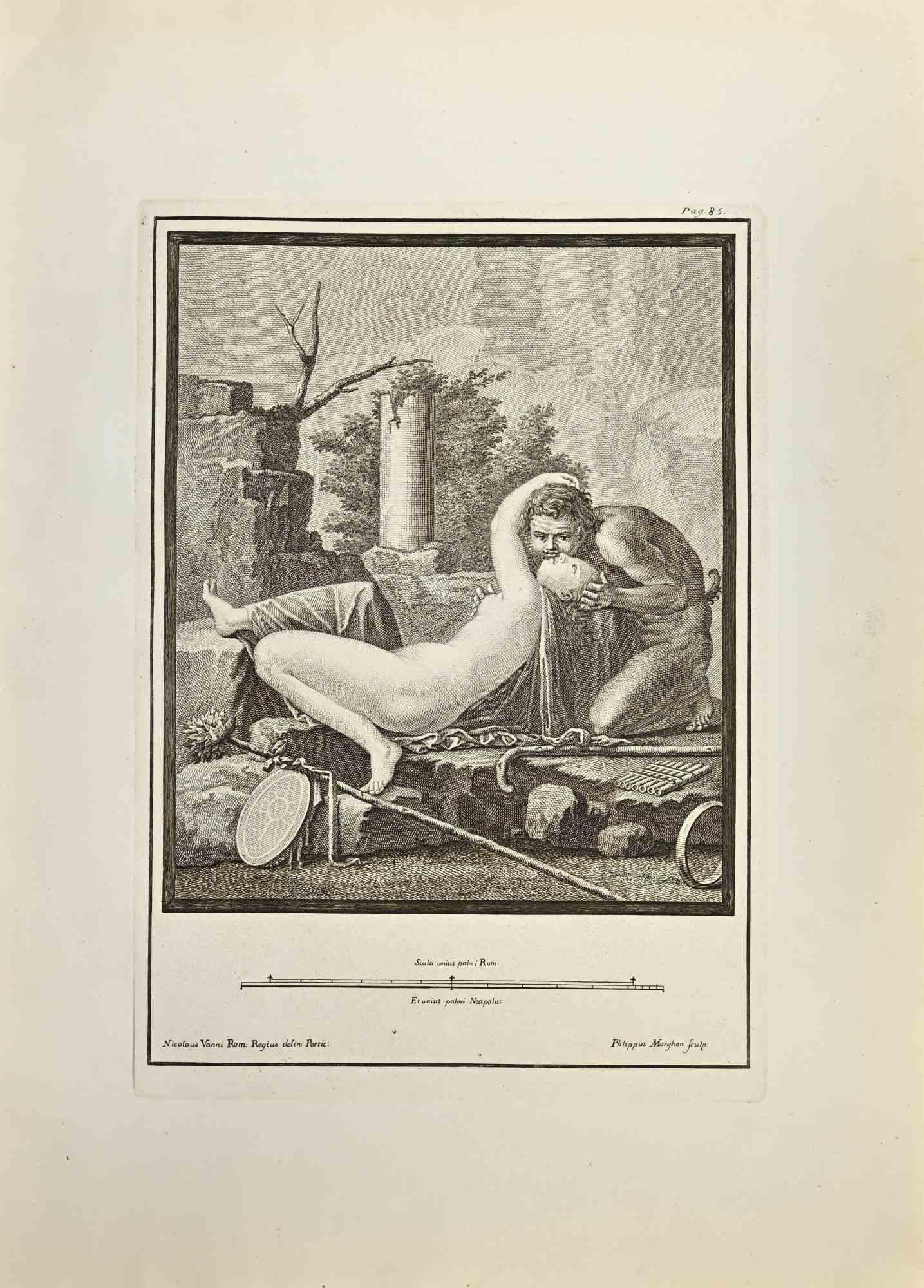 Pan und Akt aus den "Altertümern von Herculaneum" ist eine Radierung auf Papier von Filippo Morghen aus dem 18. Jahrhundert.

Signiert auf der Platte.

Guter Zustand mit einigen Stockflecken und Falten aufgrund der Zeit.

Die Radierung gehört zu der