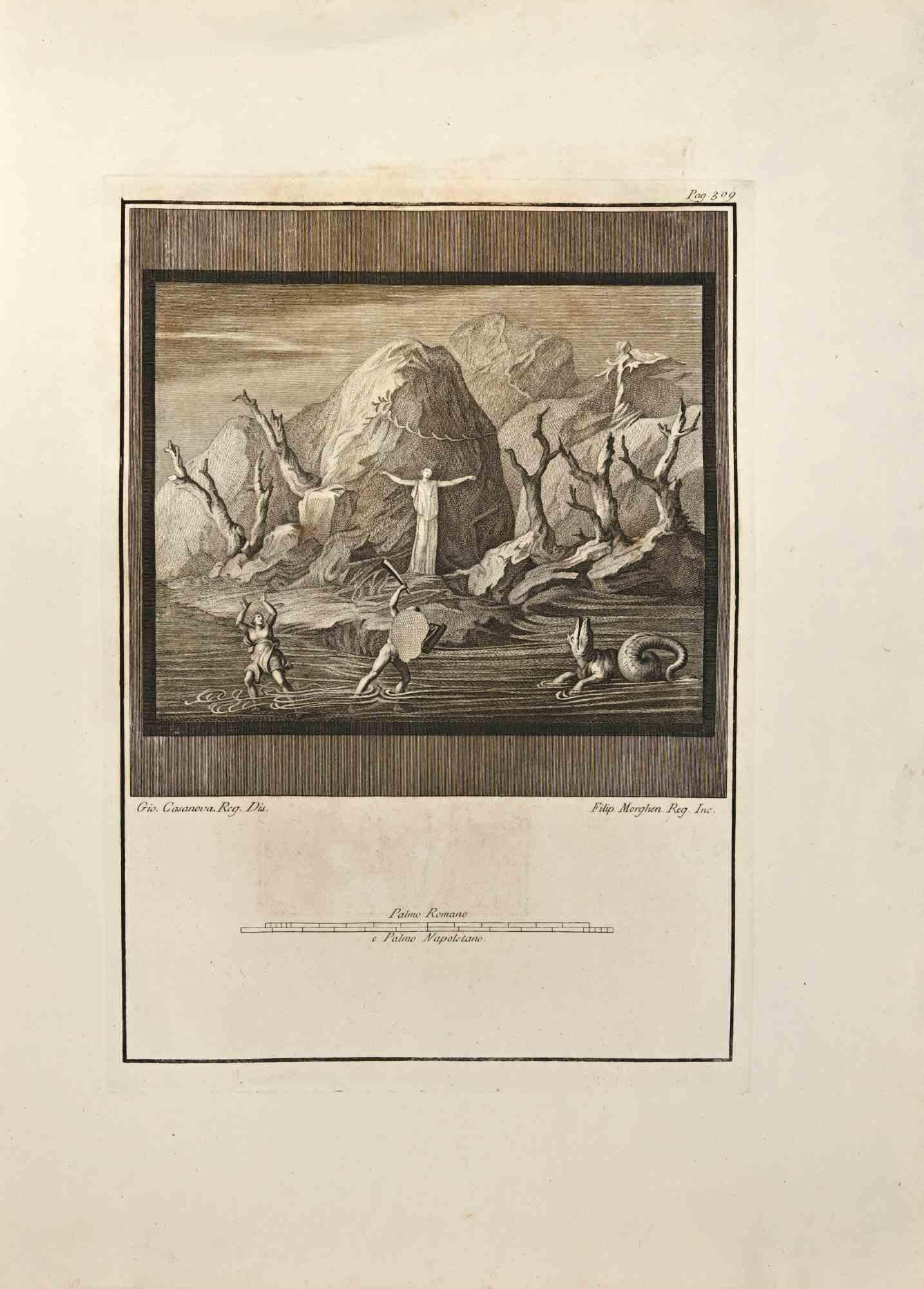 Perseus Rettung aus den "Antiquitäten von Herculaneum" ist eine Radierung auf Papier von Filippo Morghen aus dem 18. Jahrhundert.

Signiert auf der Platte.

Guter Zustand mit einigen Stockflecken und Falten aufgrund der Zeit.

Die Radierung gehört