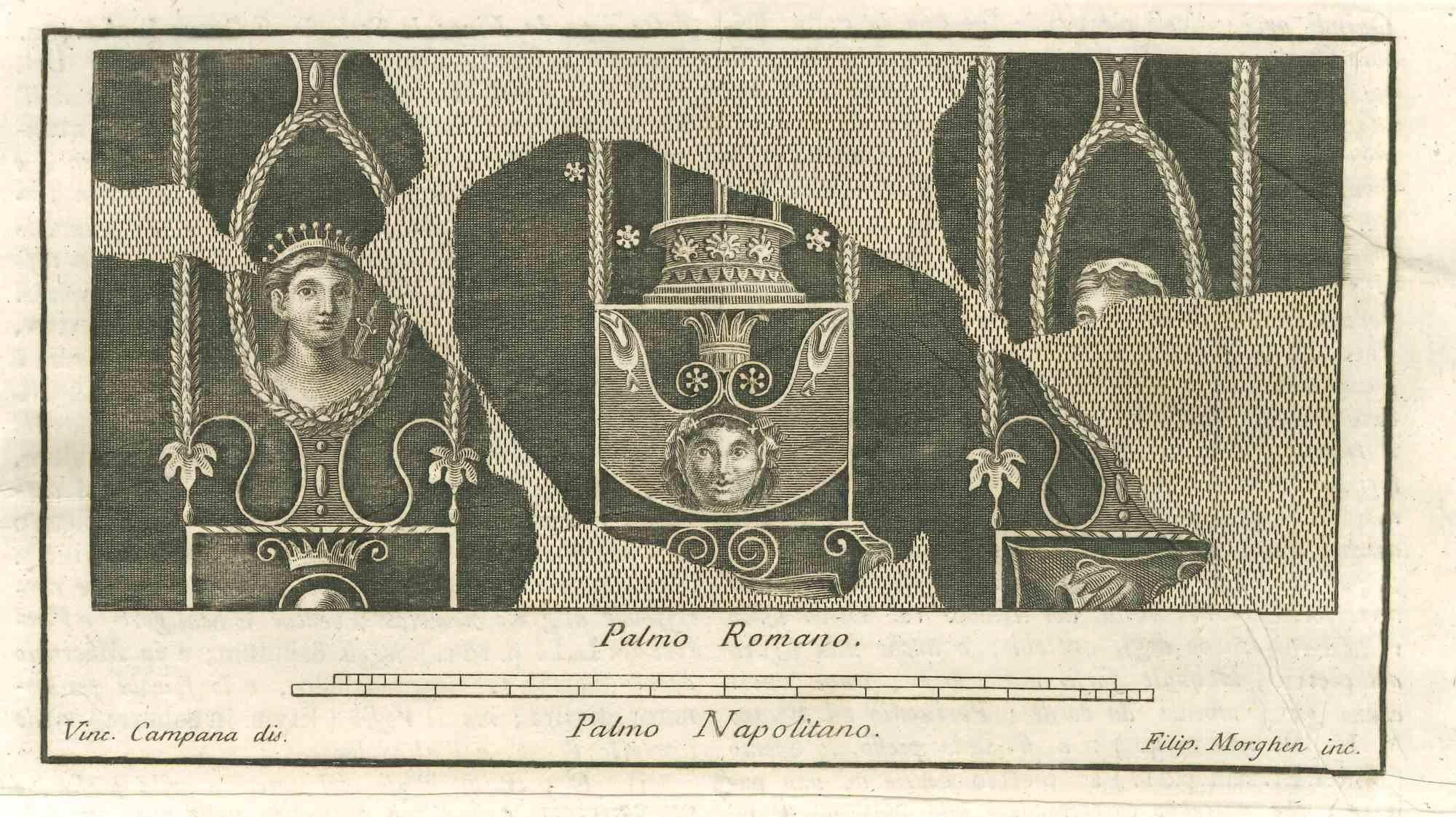 Das pompejanische Fresko aus den "Altertümern von Herculaneum" ist eine Radierung auf Papier von Filippo Morghen aus dem 18. Jahrhundert.

Signiert auf der Platte.

Guter Zustand mit leichten Faltungen.

Die Radierung gehört zu der Druckserie