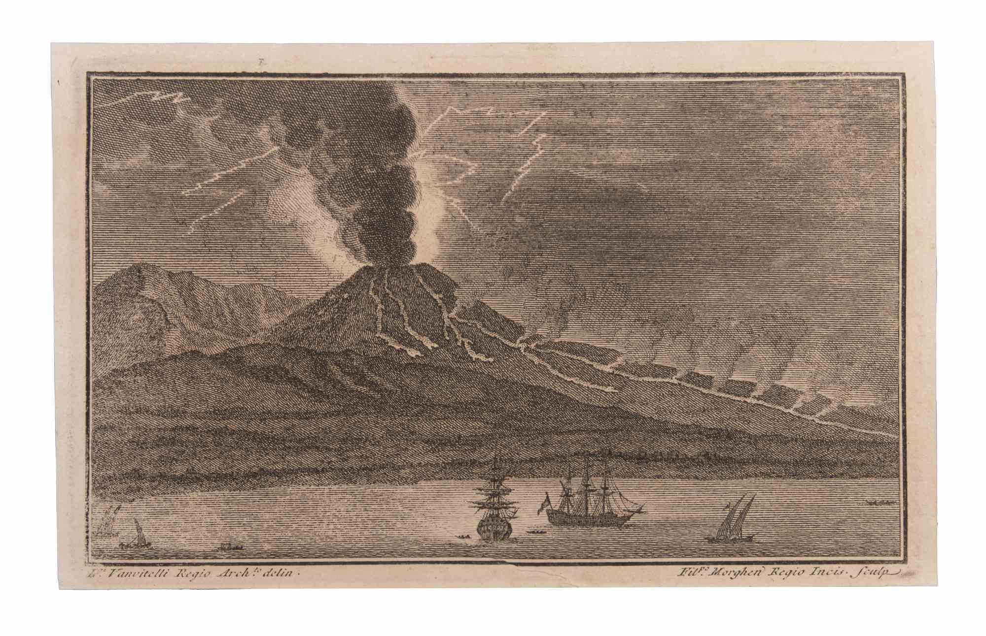 Seascape With Vesuvio and Boats is an Etching realized by  Filippo Morghen (1730-1807).

The etching belongs to the print suite “Antiquities of Herculaneum Exposed” (original title: “Le Antichità di Ercolano Esposte”), an eight-volume volume of