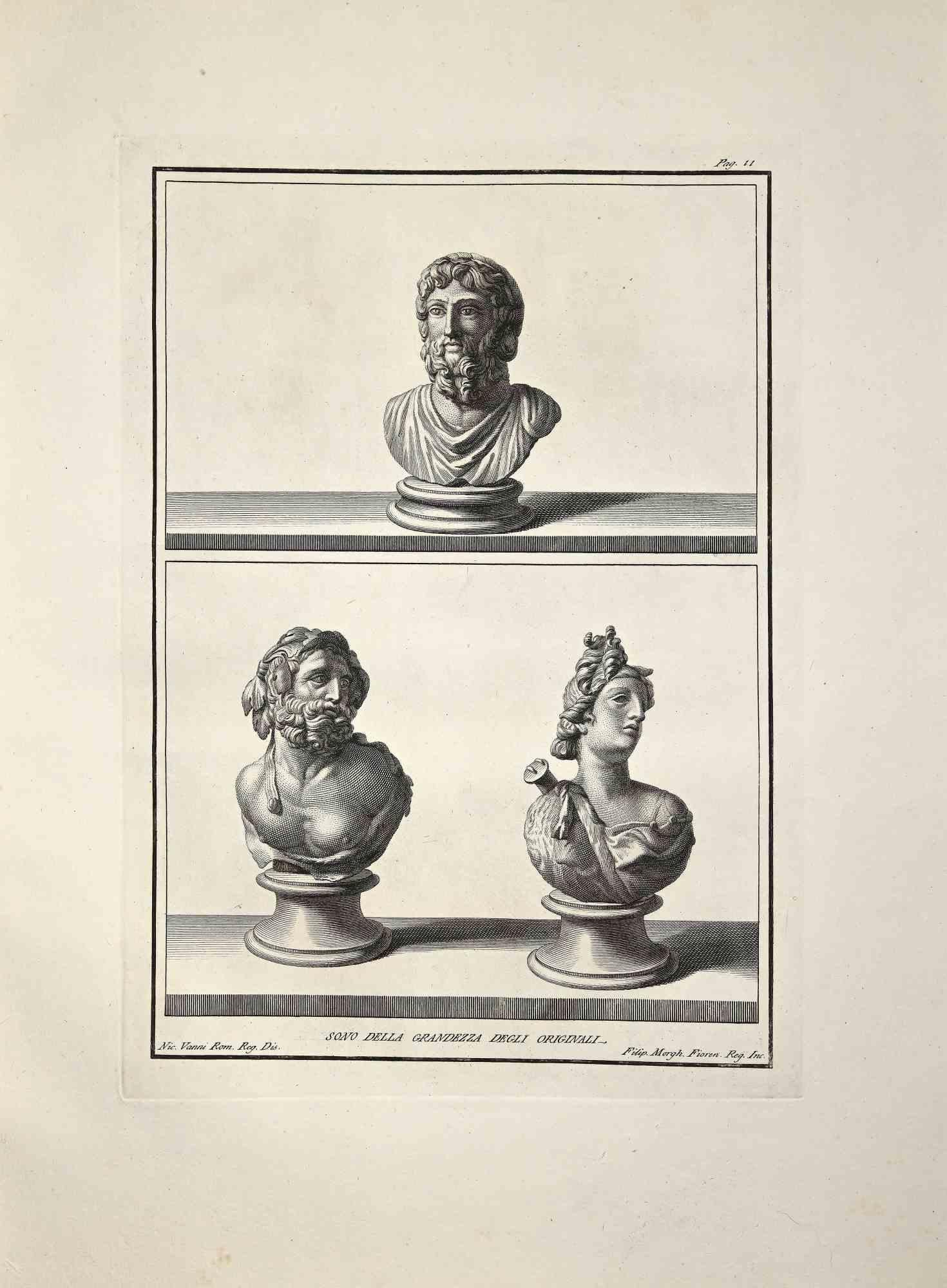 Ancient Roman Busts, from the Series Antiquities of Herculaneum, is an original etching on paper realized by Filippo Morghen.
Signed on the plate, on the lower right.

Good conditions.

The etching belongs to the print suite “Antiquities of