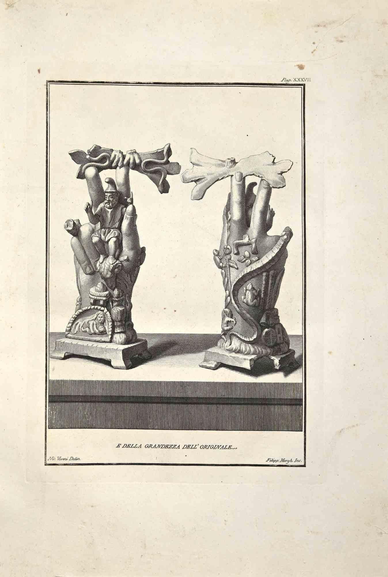 Antike römische Skulpturen - Original-Radierung von Filippo Morghen - 18. Jahrhundert