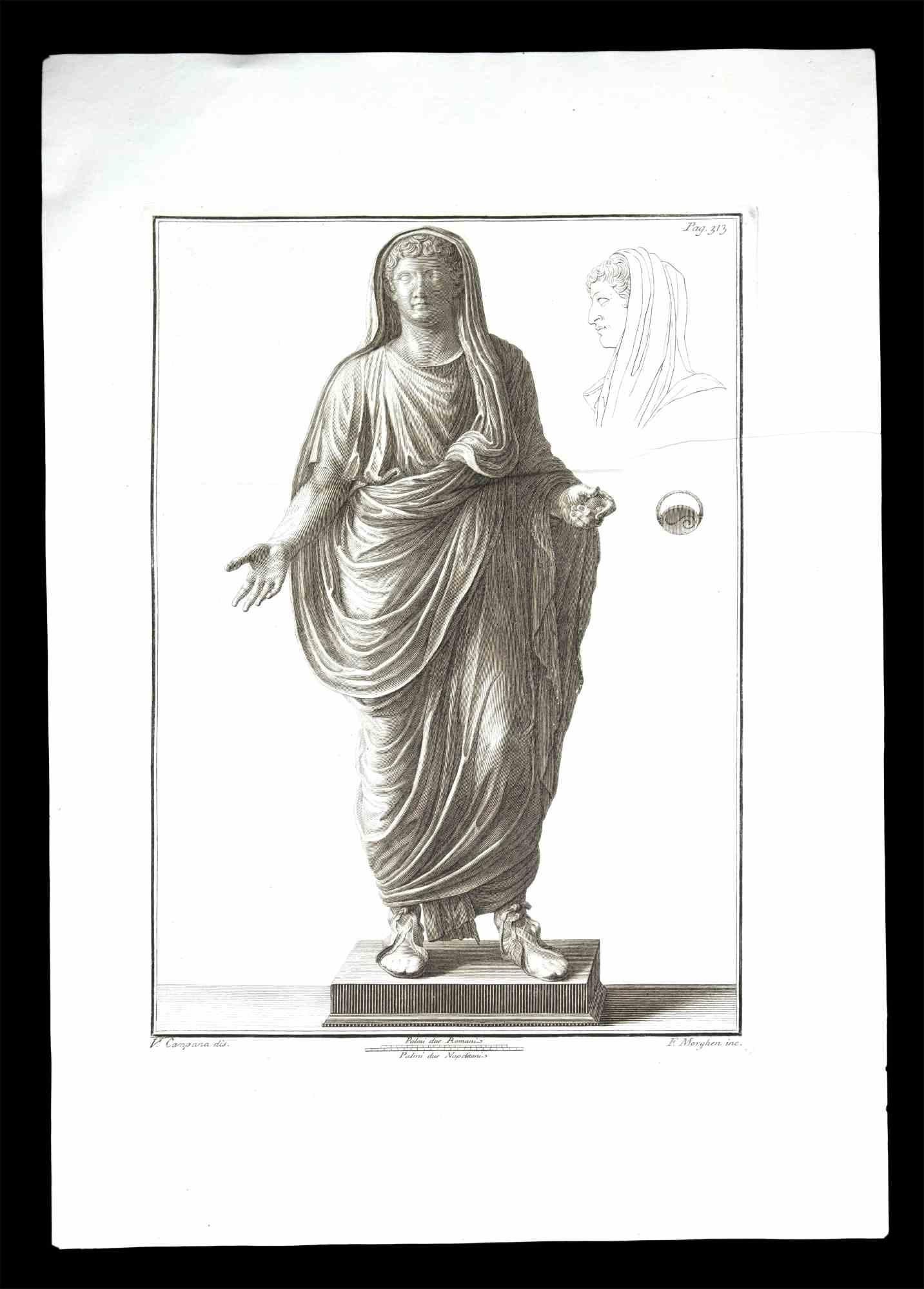 Antike römische Statue, aus der Serie "Antiquitäten von Herculaneum", ist eine Originalradierung auf Papier von Filippo Morghen aus dem 18.

Signiert auf der Platte, unten rechts.

Gute Bedingungen.

Die Radierung gehört zu der Druckserie