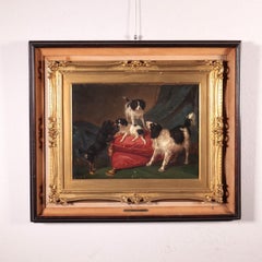 Filippo Palizzi Oil On Canvas 19th Century, Little Dogs In The Living Room 1886