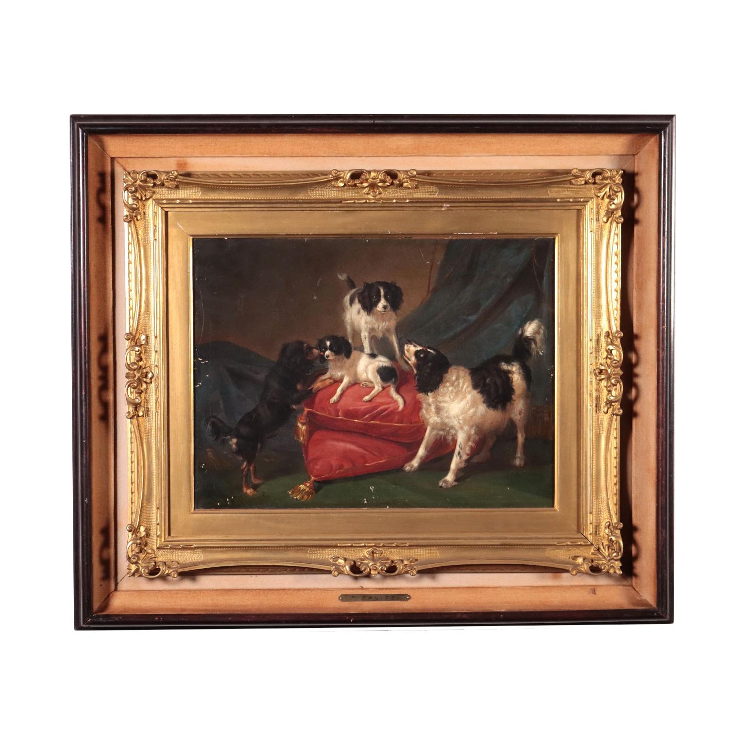 Oil on canvas. Signature of the artist, date bottom left, the name "Fox" under the black dog: a paper label on the back explains, with the title, that Fox is the name of the dog. On the back, there is another label from the Art Gallery of