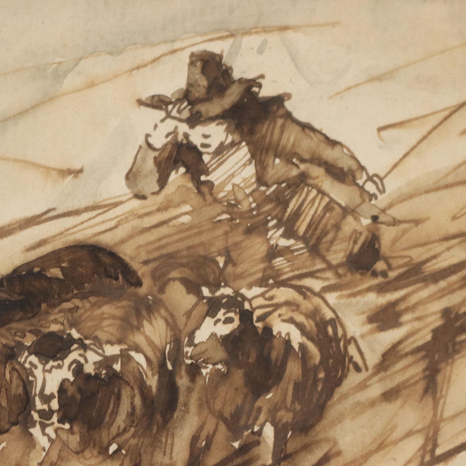 Pastore con Pecore XIX secolo - Brown Animal Painting by Filippo Palizzi