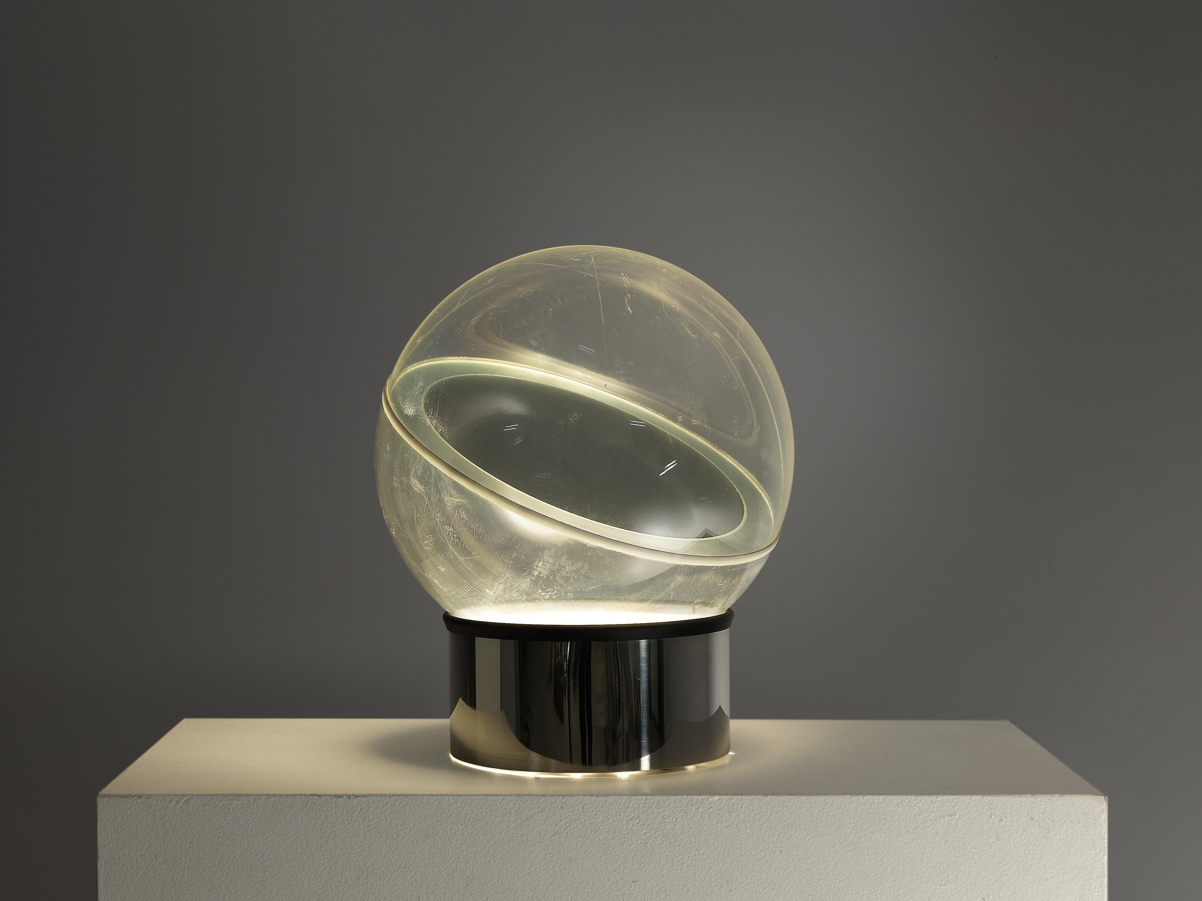 Filippo Panseca for Kartell, table lamp, model '4044', chrome-plated brass, perspex, mirrored glass, neon, Italy, 1968.

Futuristic spherical lamp designed by Italian designer Filippo Panseca for Kartell. Its design is reminiscent to the designs