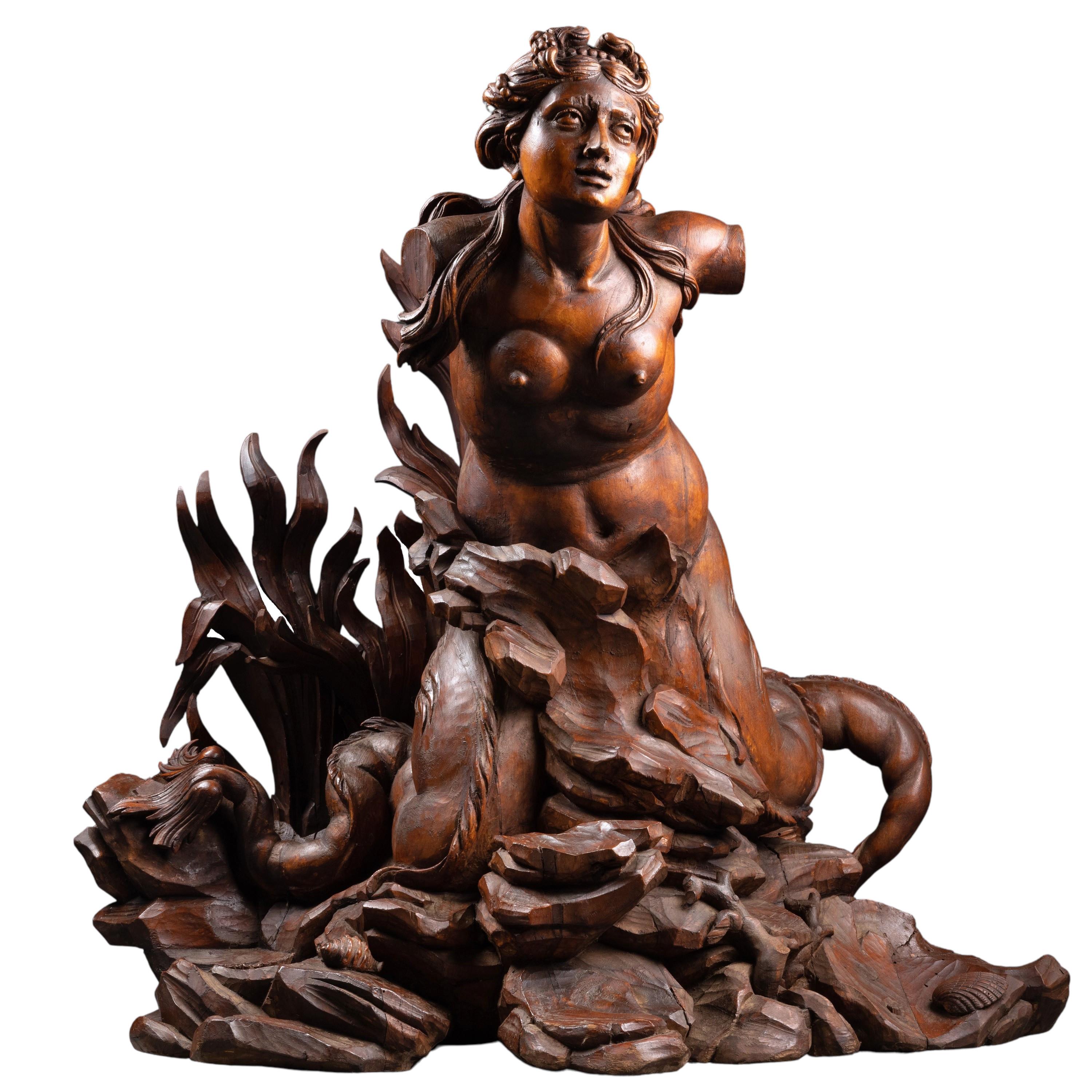 Figurine de sirène en bois de tilleul sculpté, cercle de Filippo Parodi, fin du XVIIe siècle.