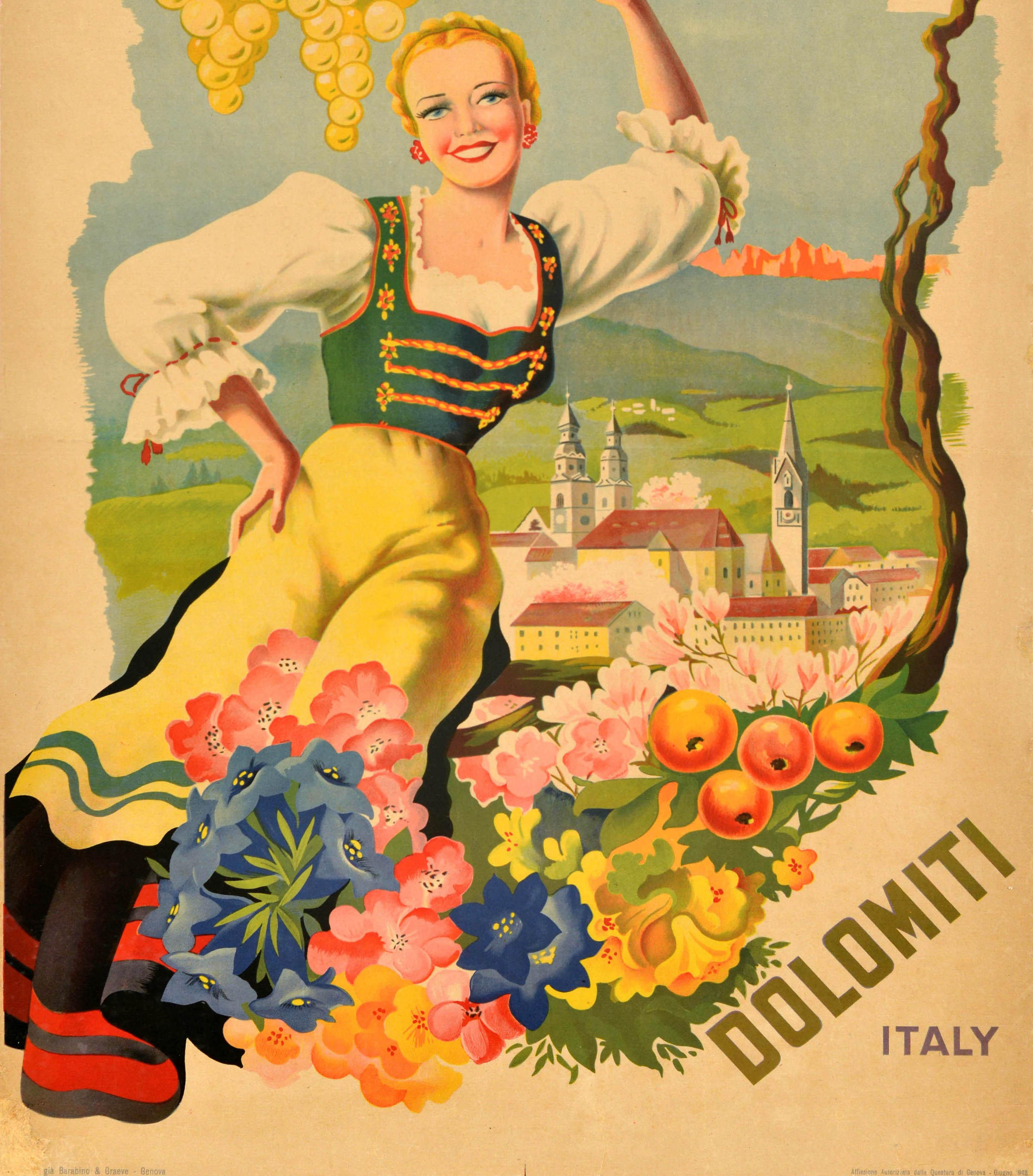 Original vintage travel advertising poster for Bressanone m.560 Dolomiti Italy / Brixen in the Dolomites featuring a colourful design by Filippo Romoli (1901-1969) depicting a smiling lady in traditional clothing holding a grapevine with grapes