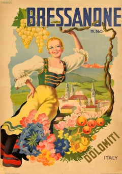 Affiche rétro originale de voyage Brixen Bressanone Dolomiti Dolomites Tyrol Italie