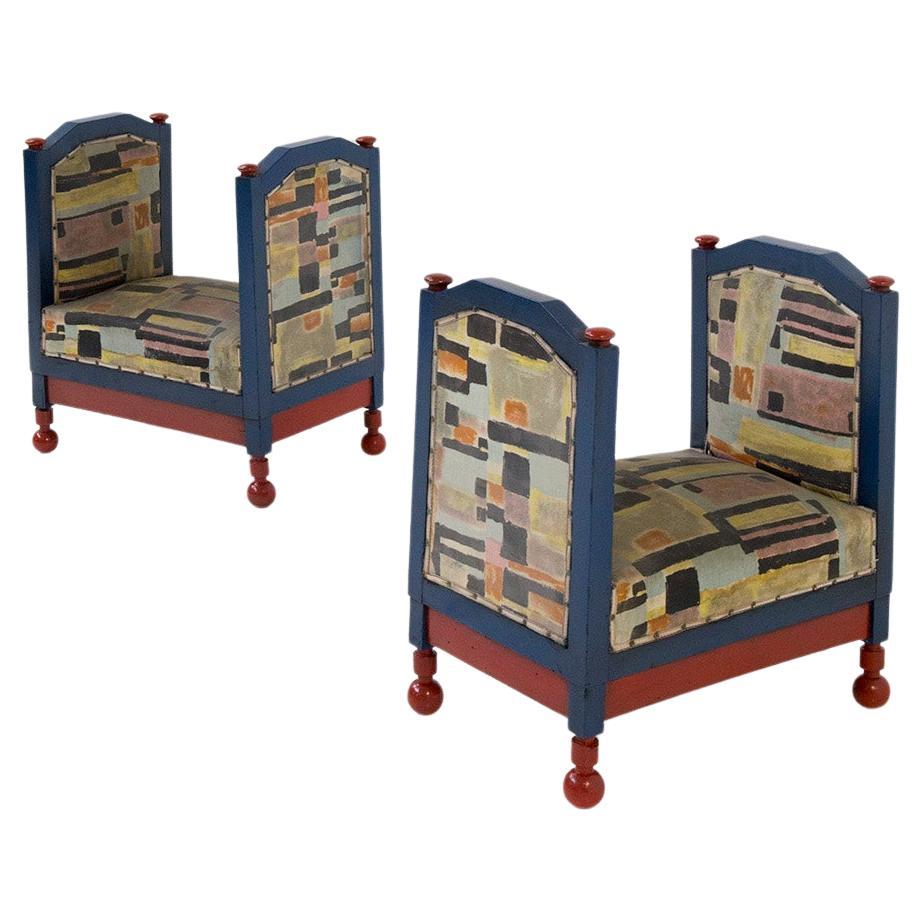 Fillìa Luigi Colombo Attr. Rare pair of futurist stools blue and red For Sale